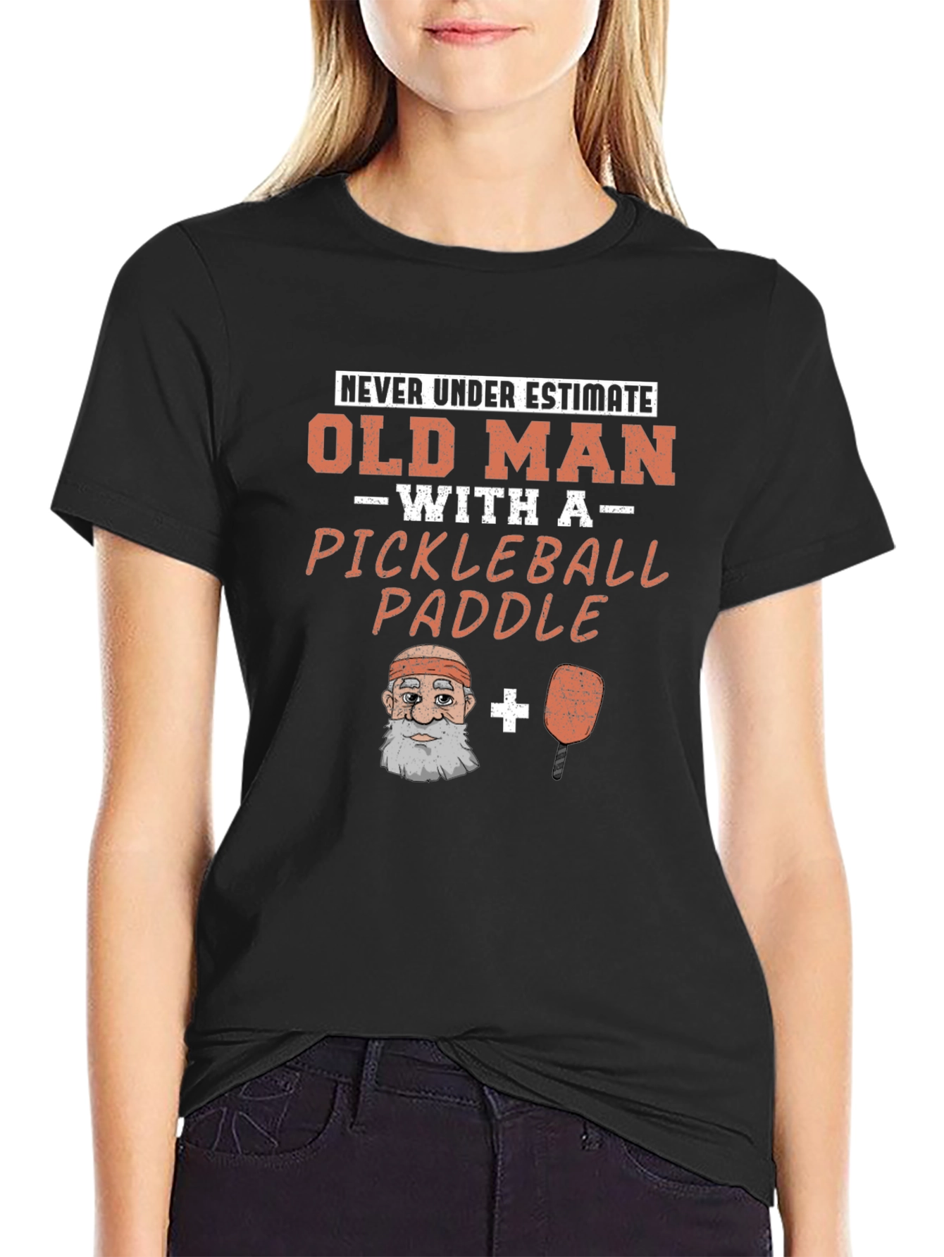 Black Old Man Pickleball Paddle Funny Graphic Tee view 2