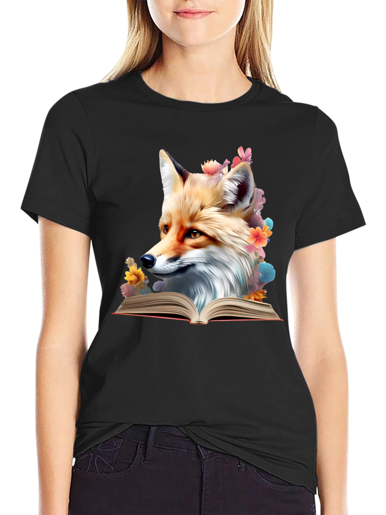 Black Fox Reading Book T-Shirt - Unique Animal Lover Tee view 2
