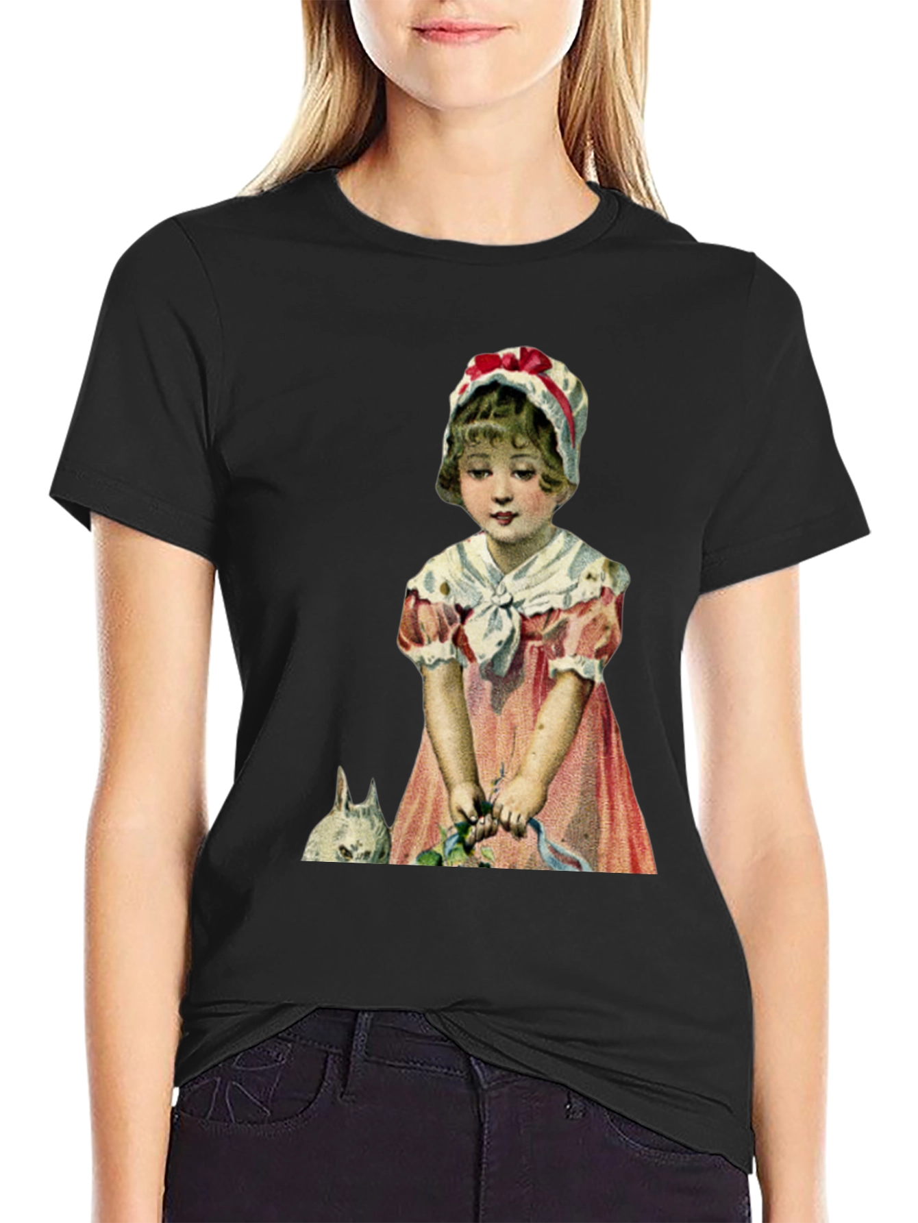 Black Vintage Girl with Rabbit T-Shirt view 2