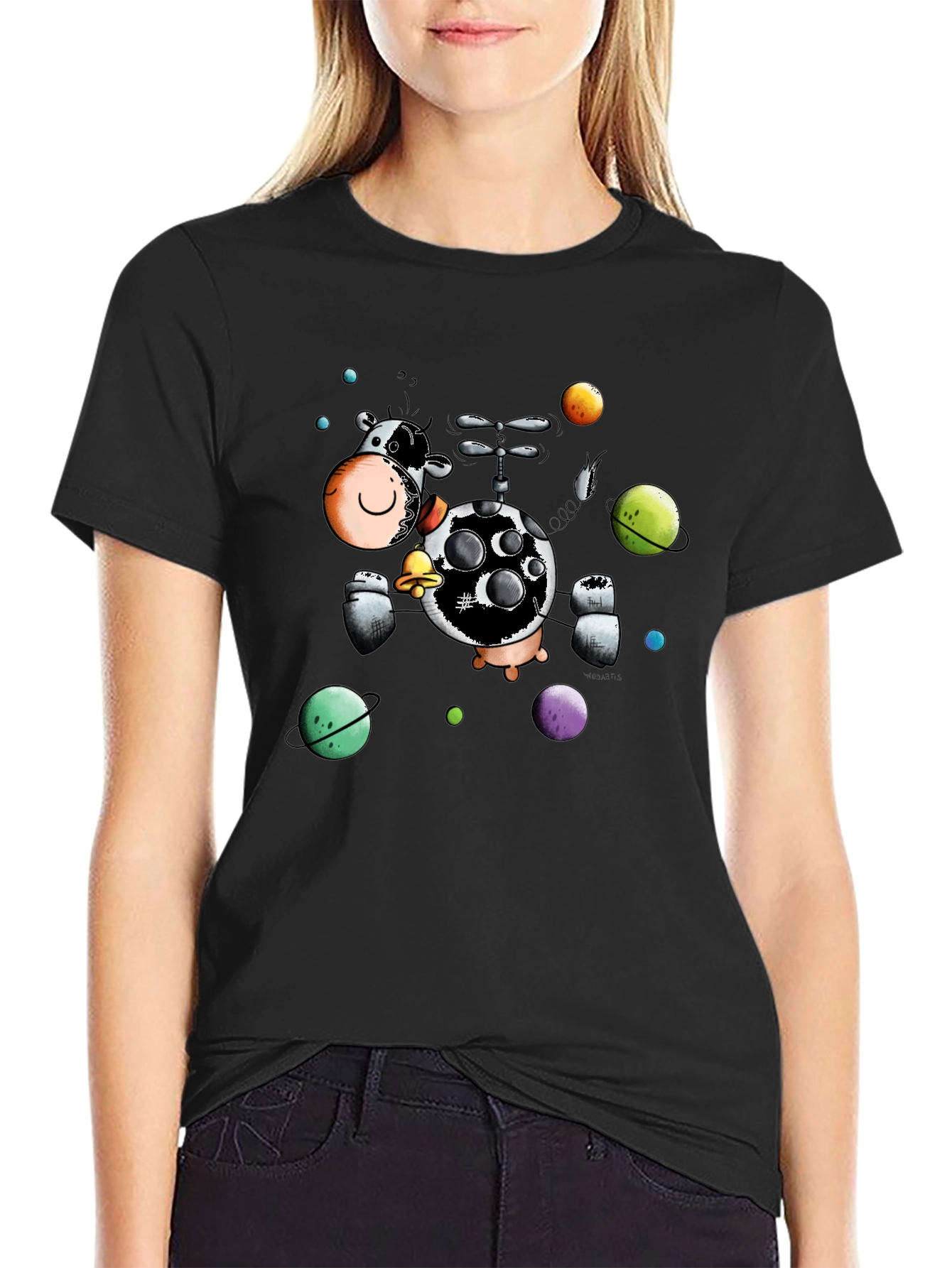 Black Cosmic Cow Black T-Shirt, Novelty Cartoon Design view 2