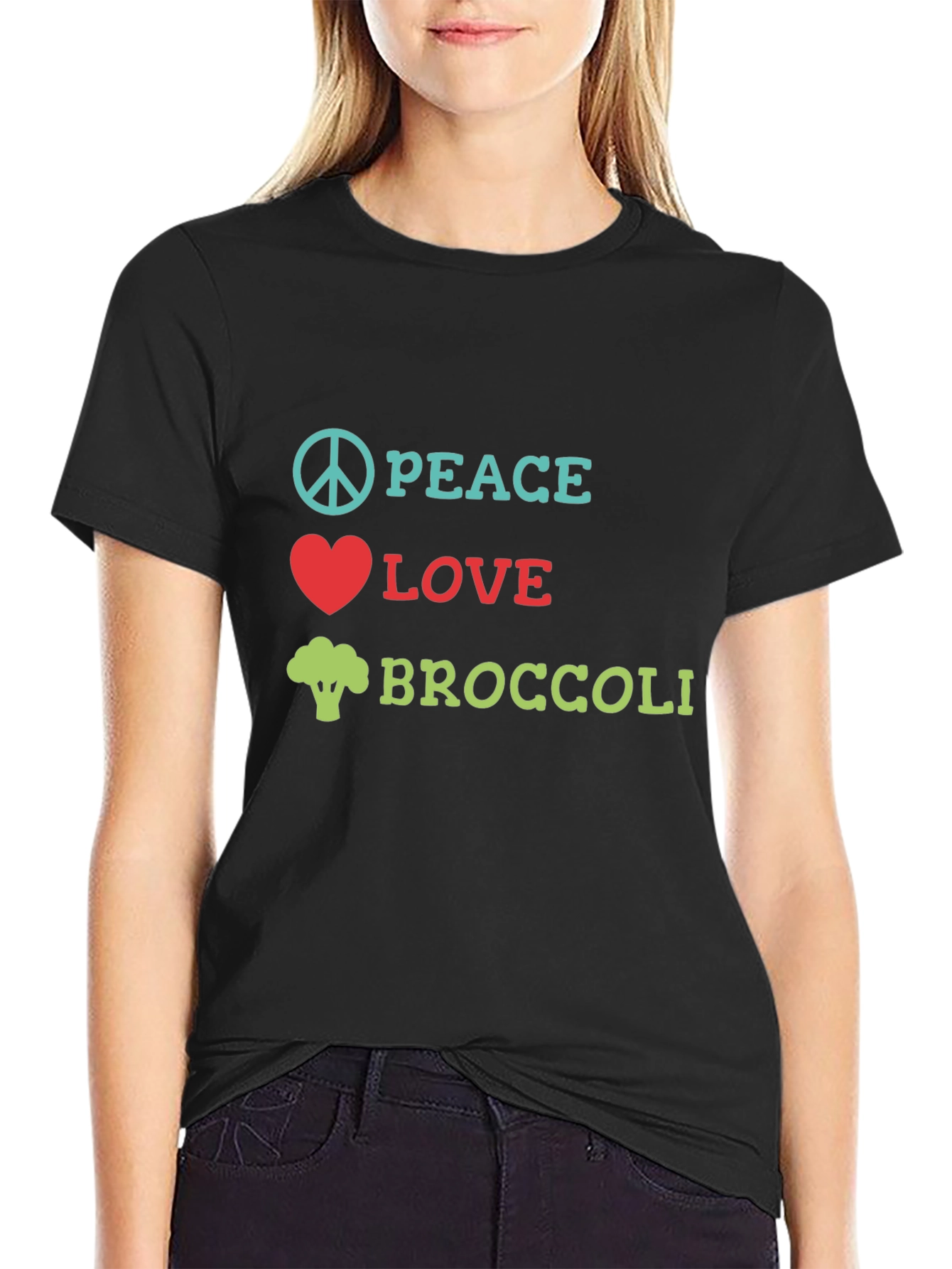 Black Peace Love Broccoli T-Shirt, Funny Vegan Tee view 2