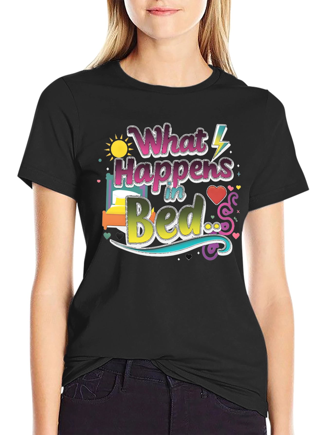 Black What Happens in Bed Graphic T-Shirt view 2