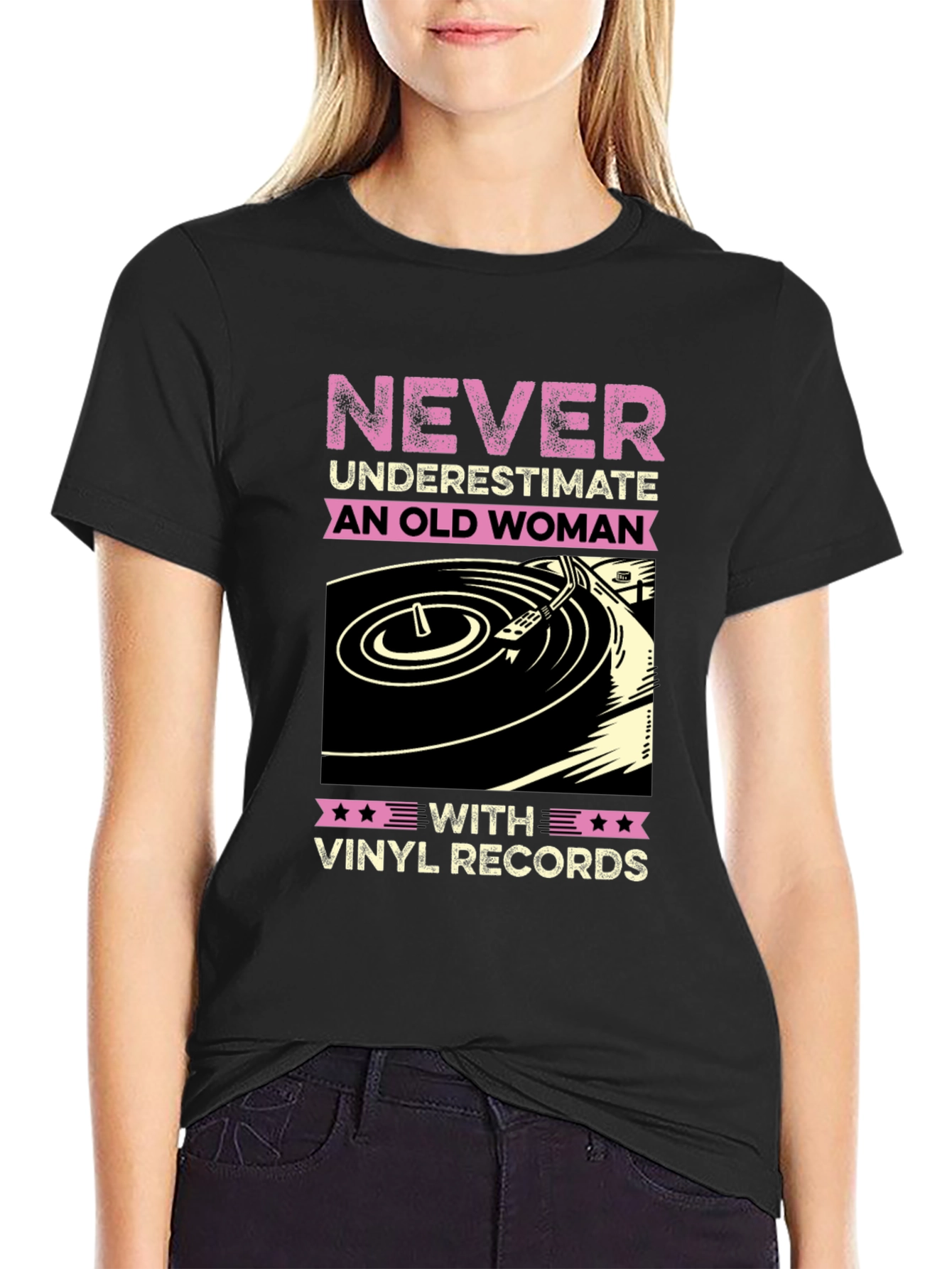 Black Never Underestimate Old Woman Vinyl Records T-Shirt view 2