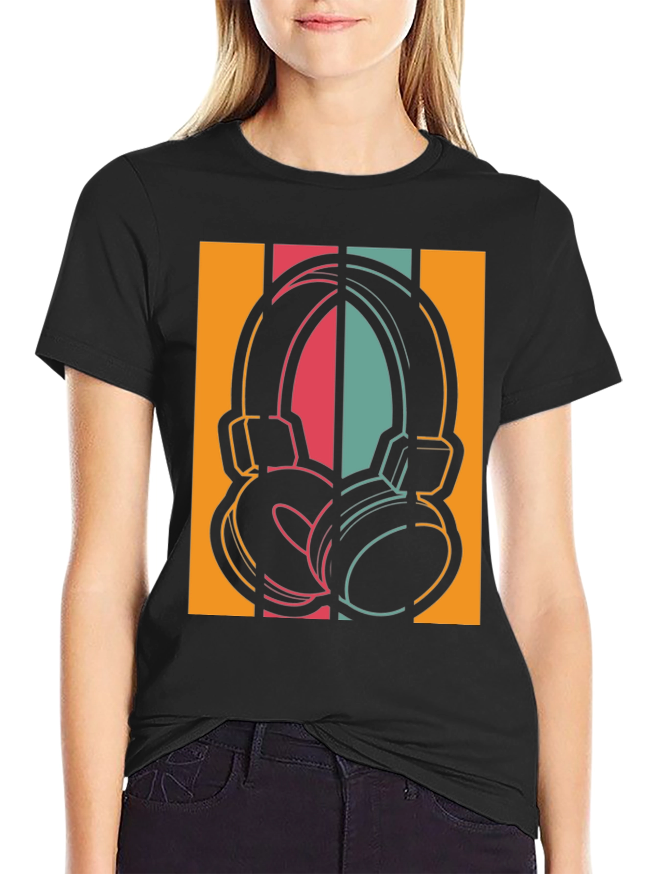 Black Retro Headphones Graphic Tee - Vintage Style Music Shirt view 2