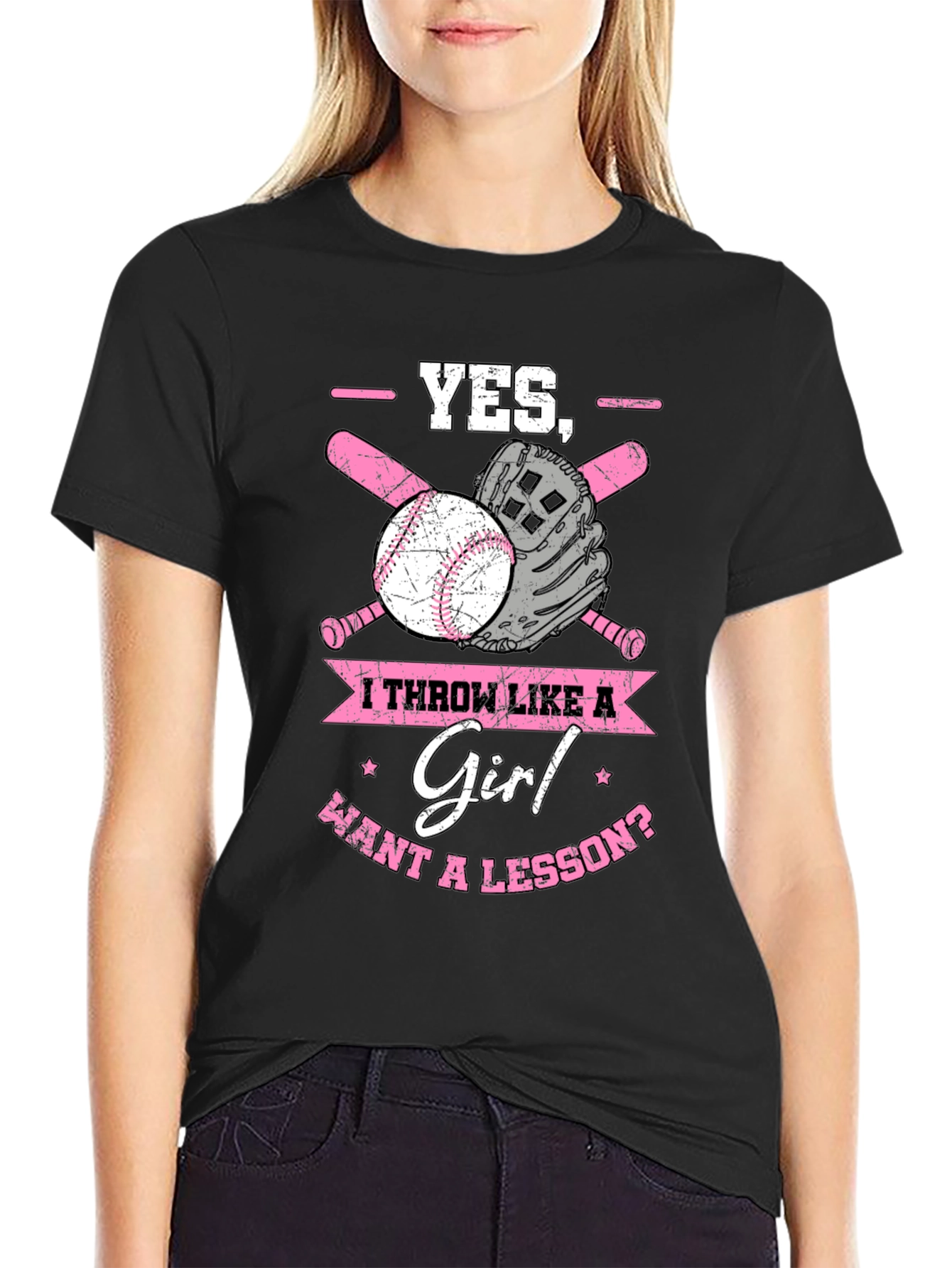 Black Yes, I Throw Like a Girl T-Shirt Baseball Bat Glove view 2