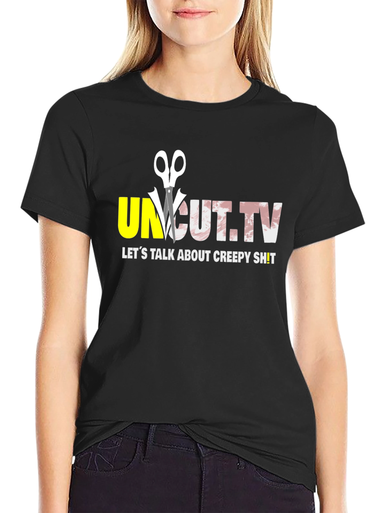 Black Uncut.TV Creepy Content Black T-Shirt view 2