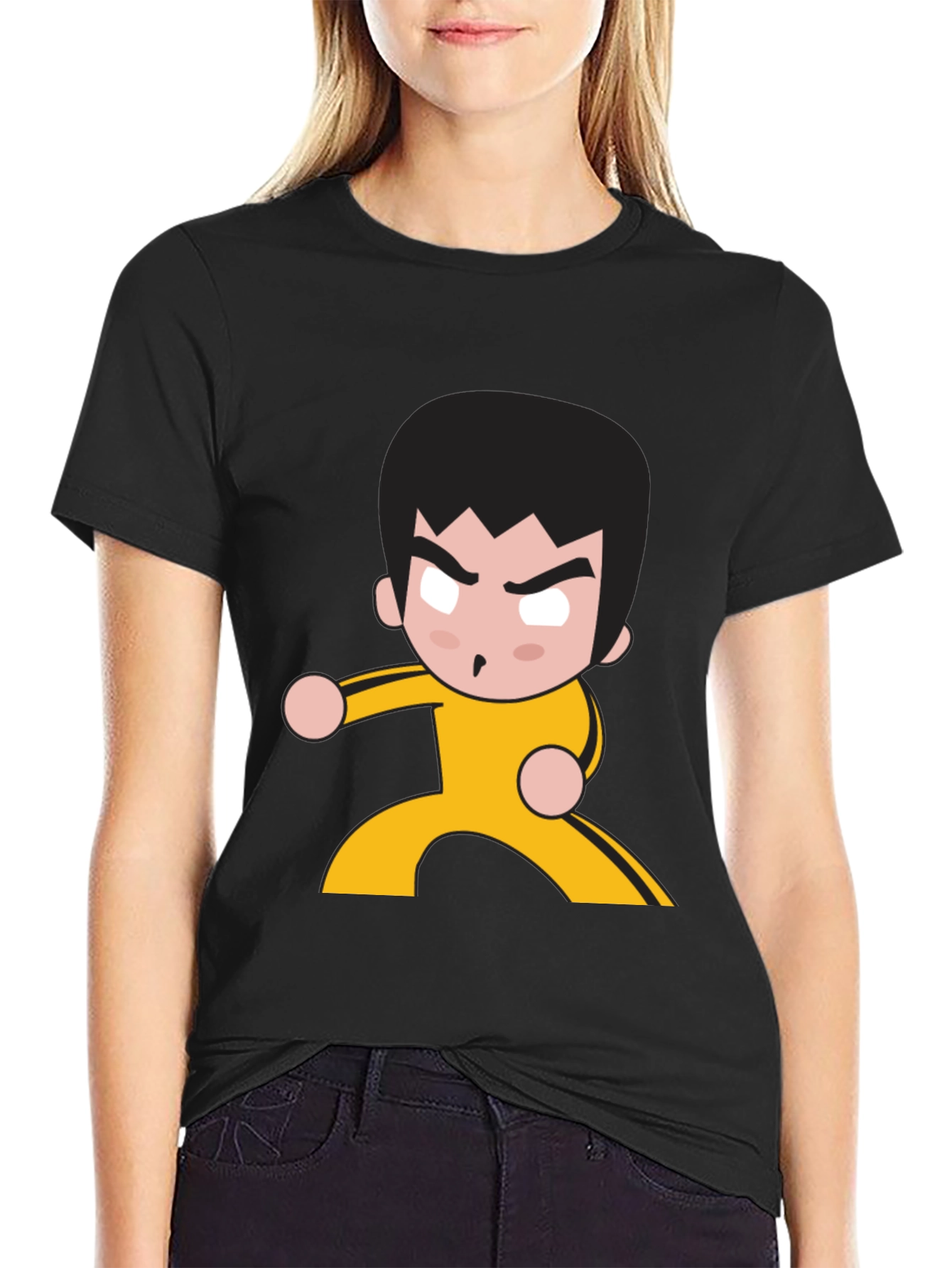 Black Martial Arts Cartoon Graphic Black T-Shirt view 2