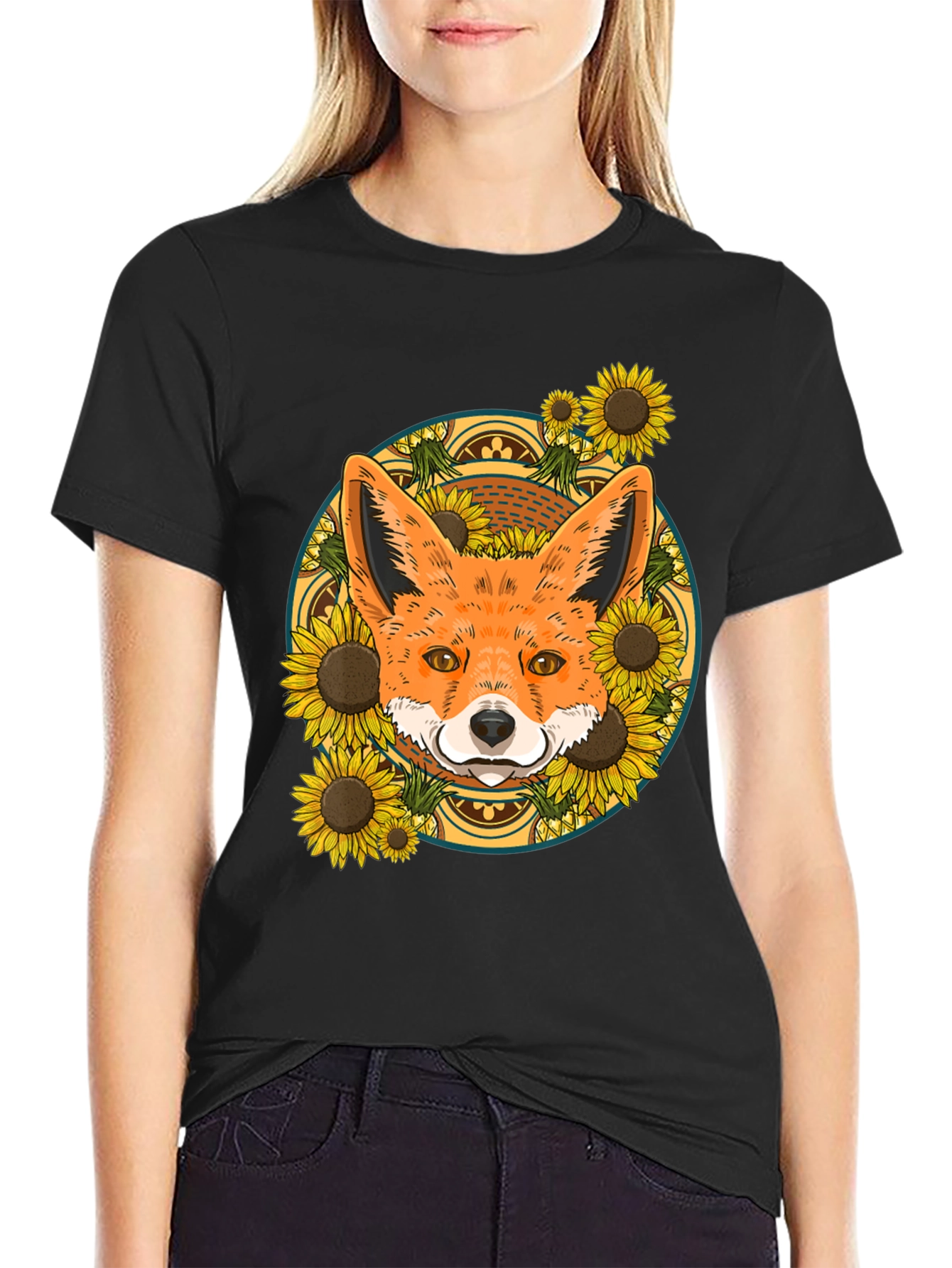 Black Fox & Sunflower Graphic Tee - Nature Lover's T-Shirt view 2