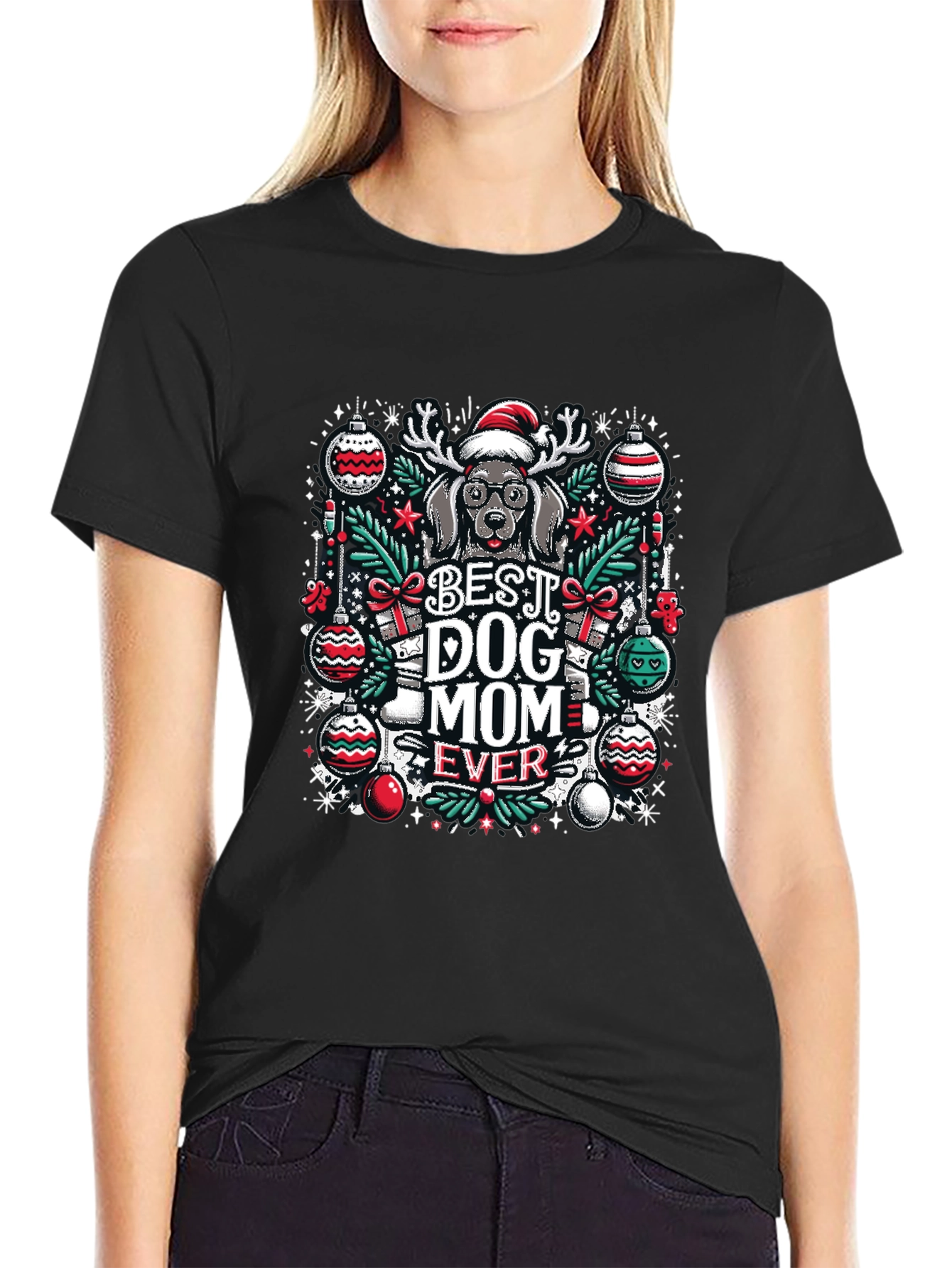 Black Best Dog Mom Ever Christmas T-Shirt view 2