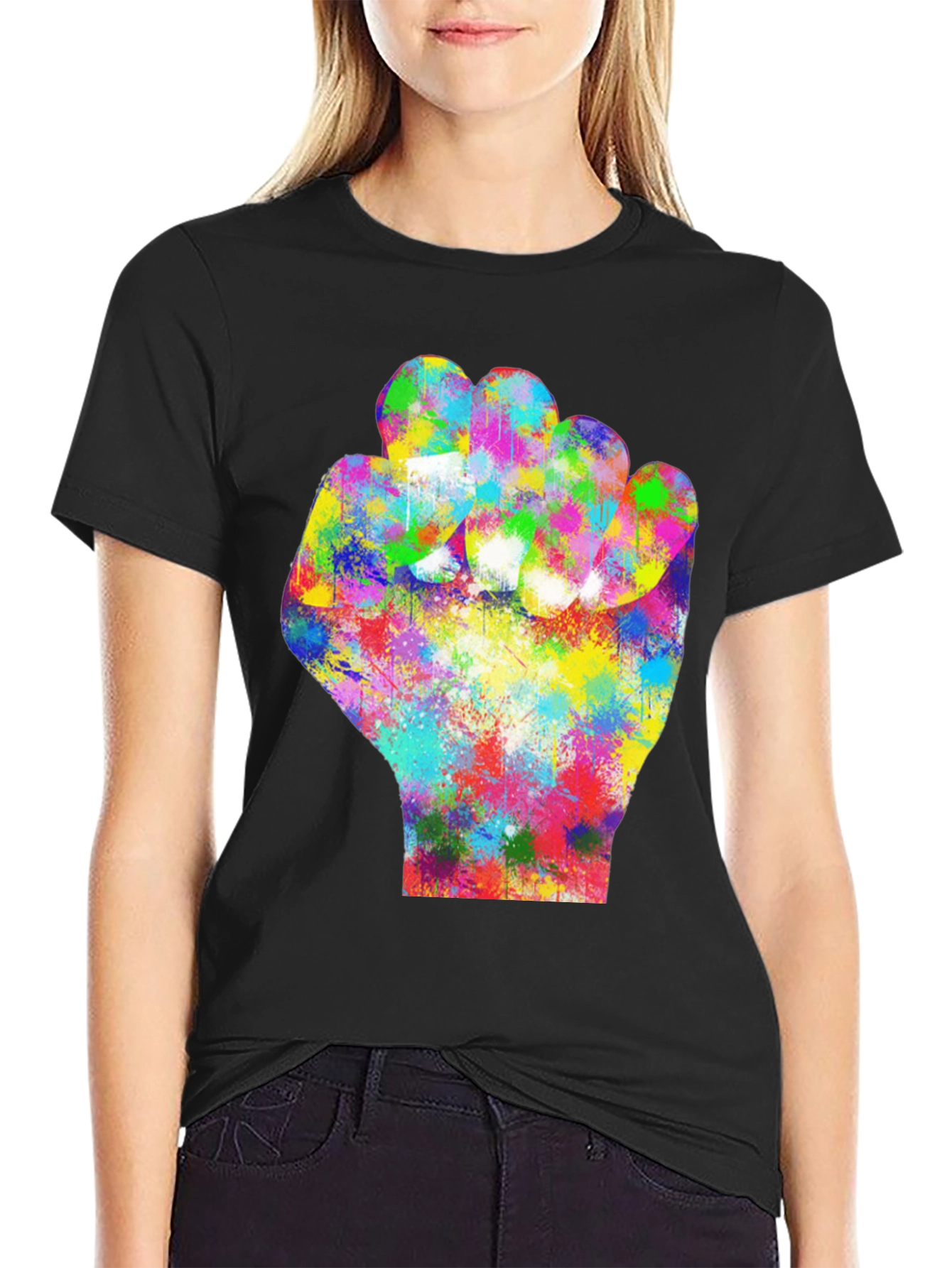 Black Colorful Fist Graphic Black T-Shirt view 2