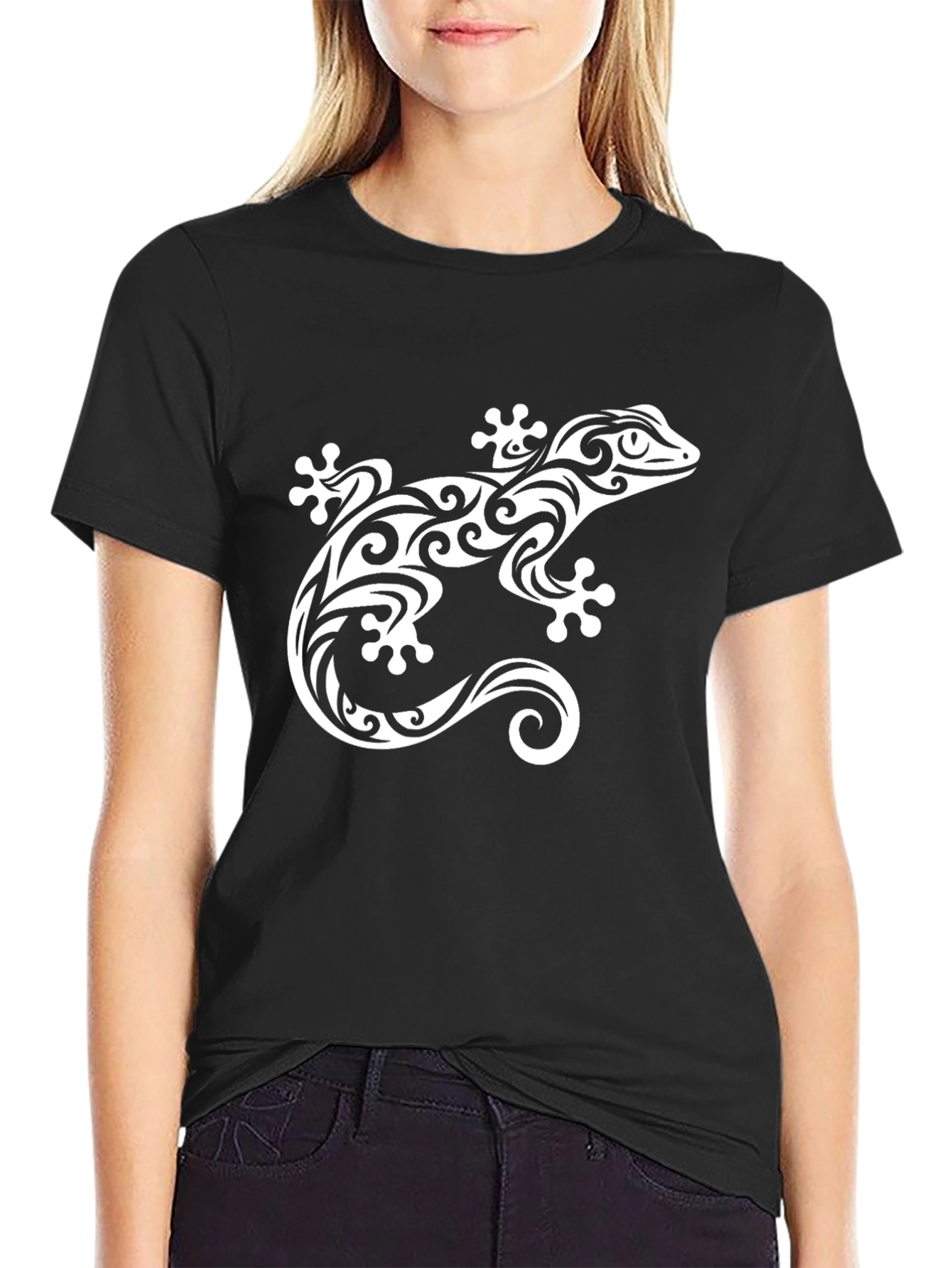 Black Tribal Gecko Graphic Tee - Stylish Black T-Shirt view 2