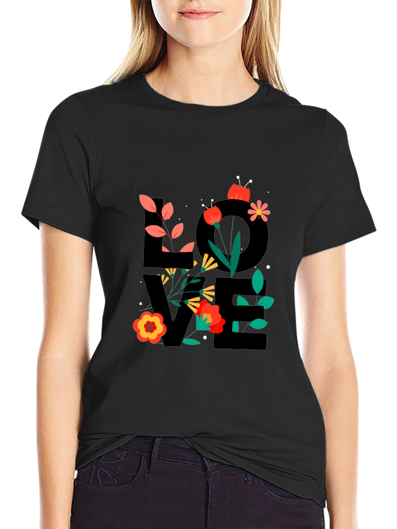 Black Floral LOVE Graphic T-Shirt - Trendy Casual Tee view 2