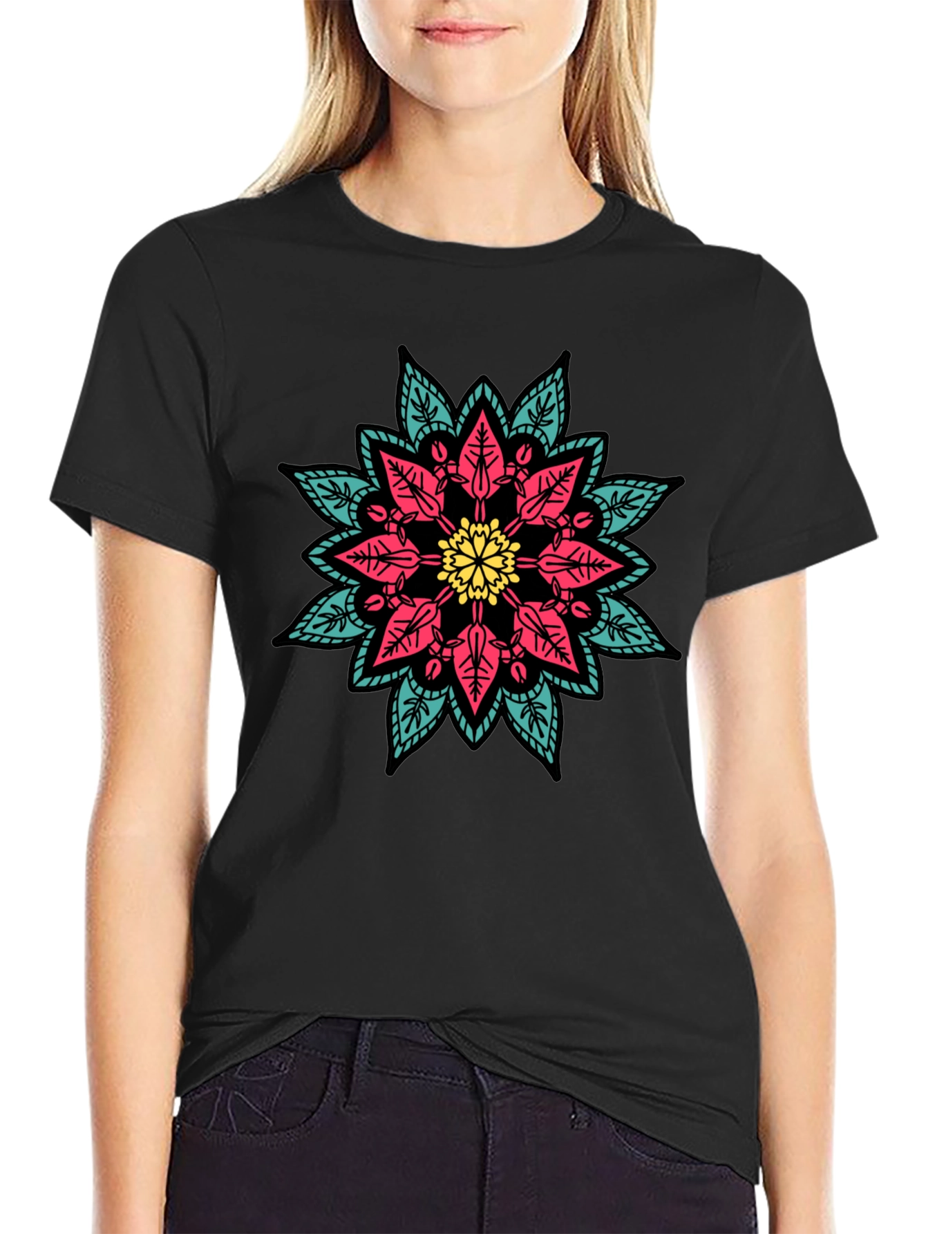 Black Geometric Mandala Graphic Print Black T-Shirt view 2