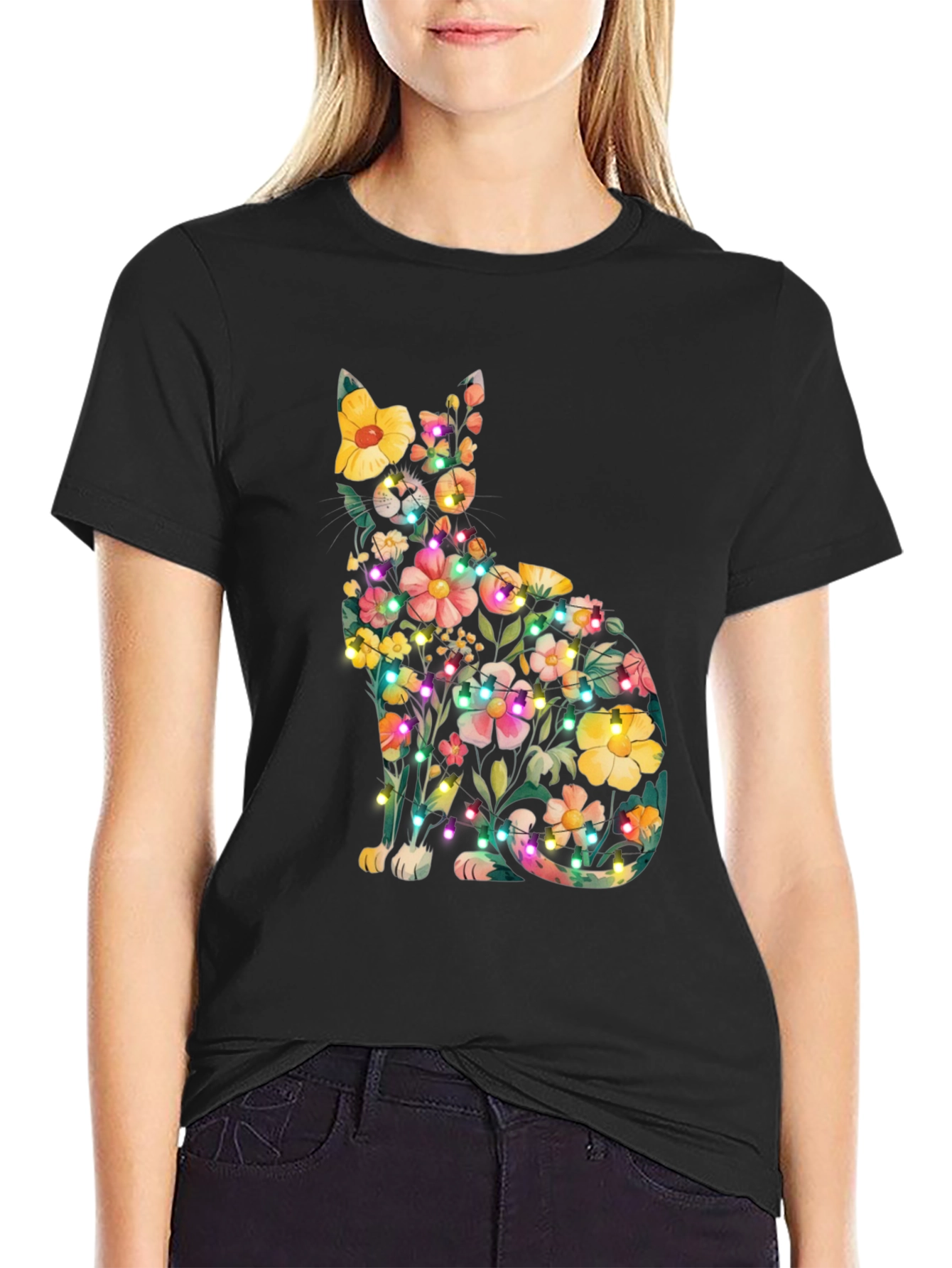 Black Floral Cat Tee - Whimsical & Unique Design view 2