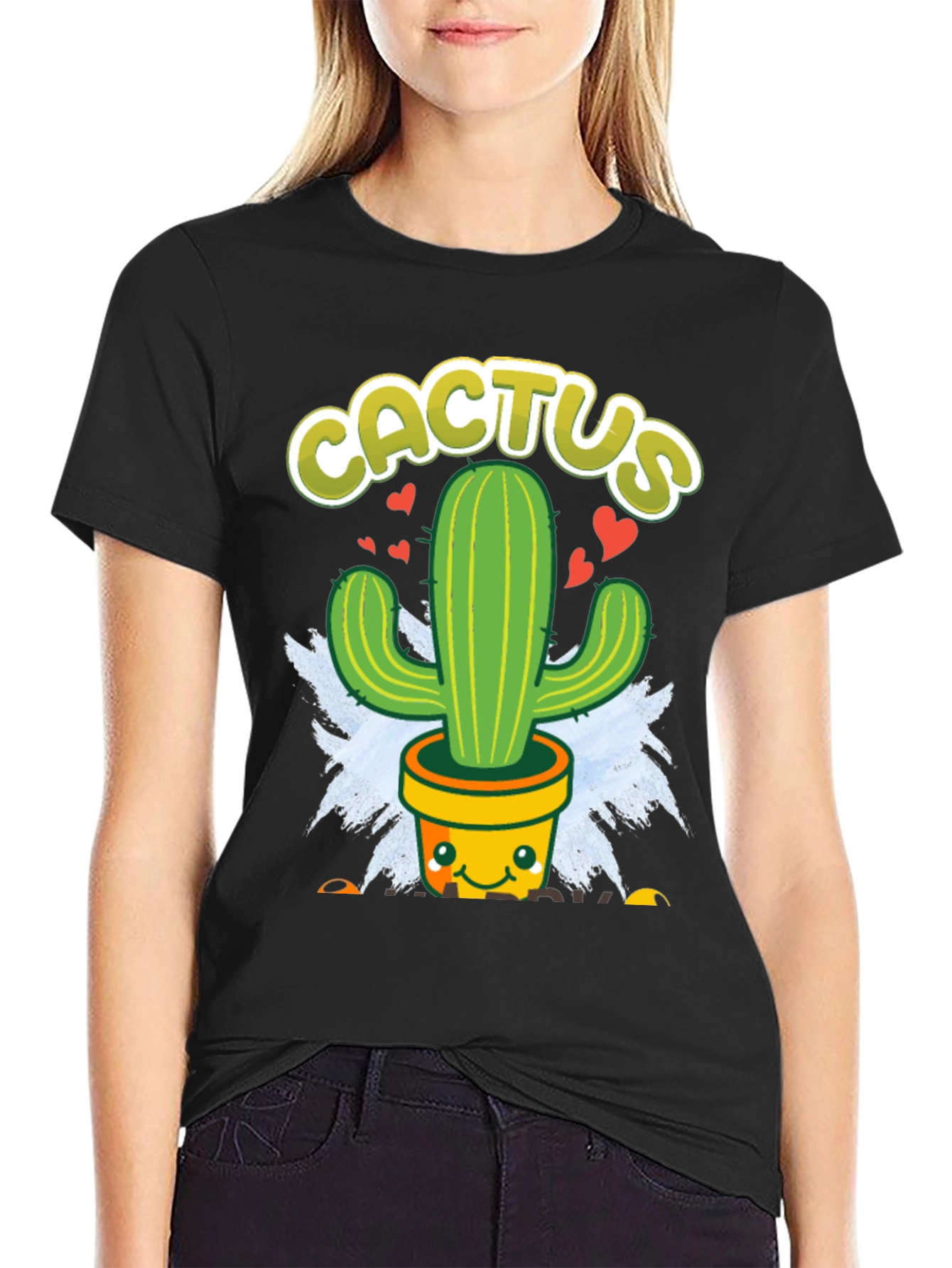 Black Cute Cactus Graphic Tee - Black Cotton T-Shirt view 2