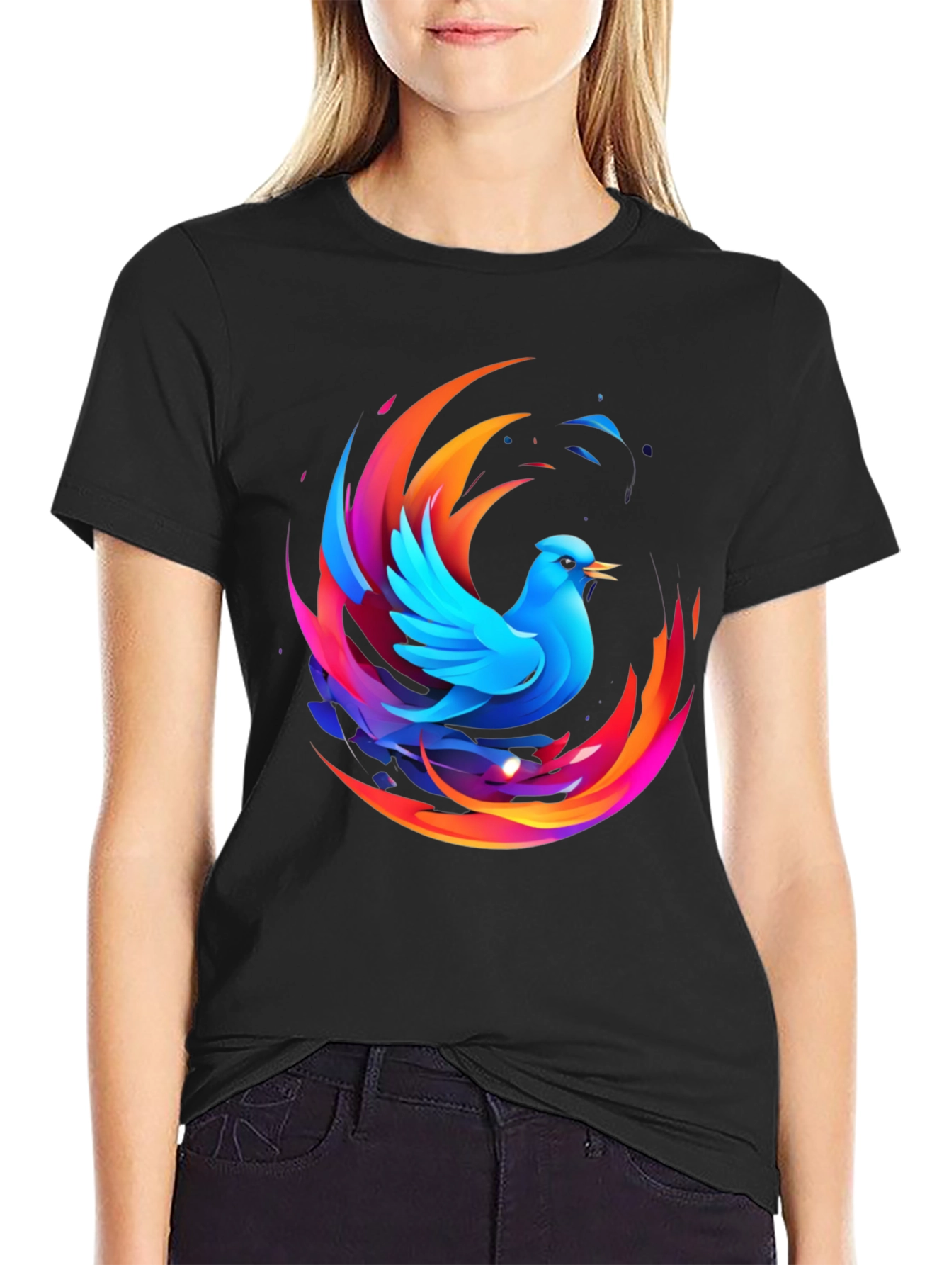 Black Phoenix Bird Graphic Print Black T-Shirt view 2