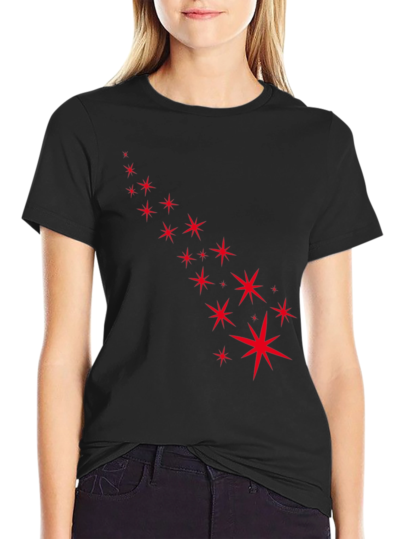 Black Stylish Black Tee with Starry Red Design view 2