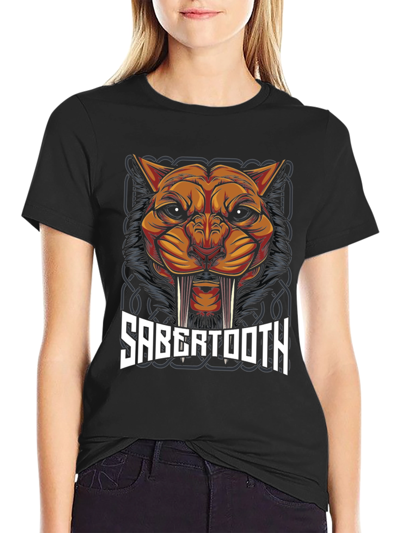 Black Sabertooth Tiger Graphic T-Shirt view 2