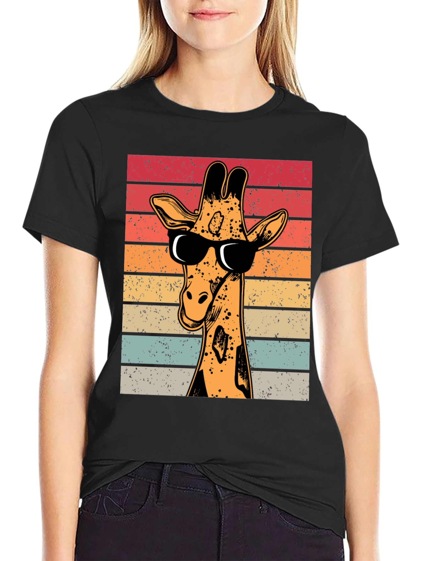 Black Cool Giraffe Retro T-Shirt view 2