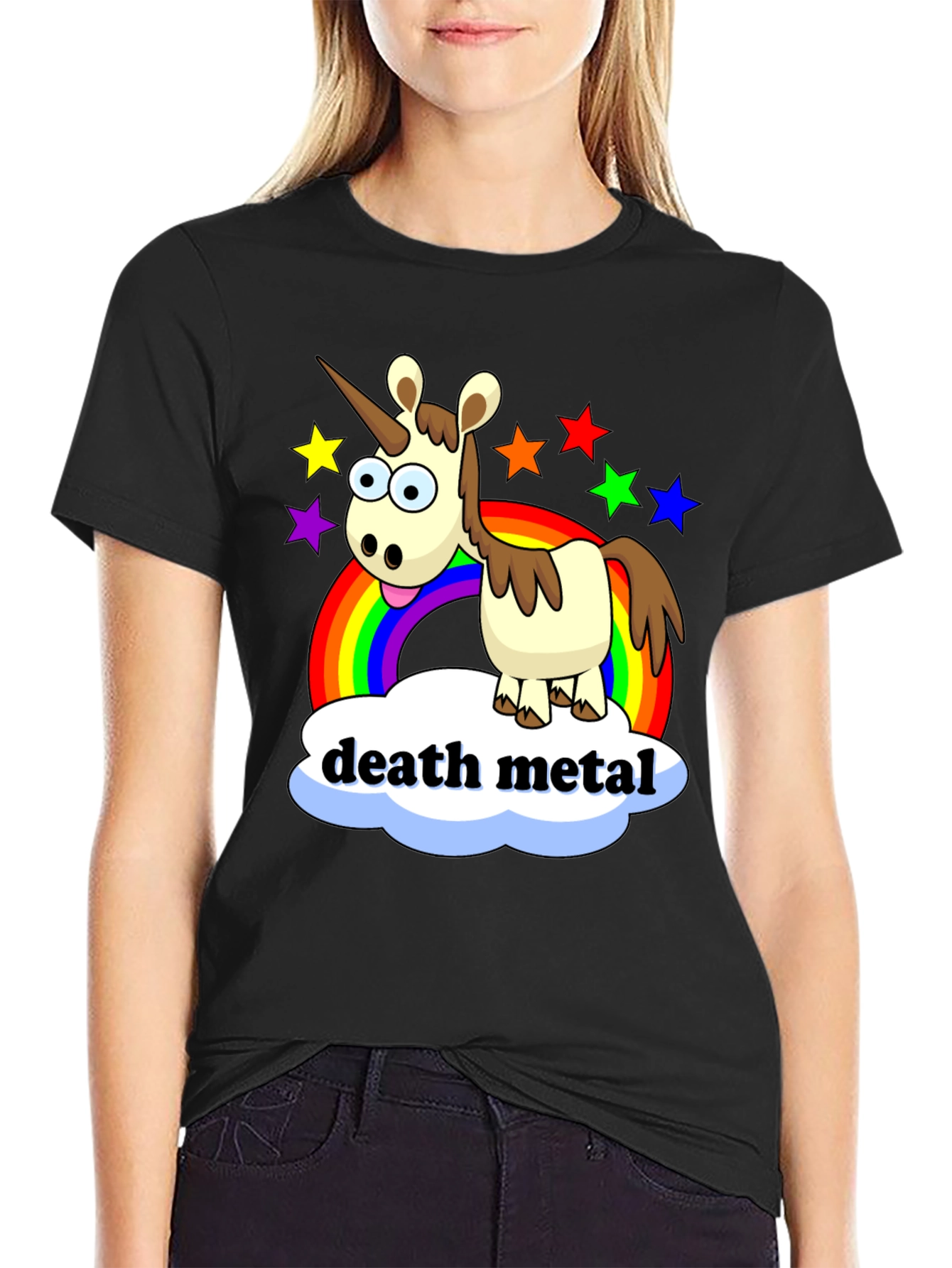 Black Death Metal Unicorn T-Shirt - Rainbow Star Design view 2