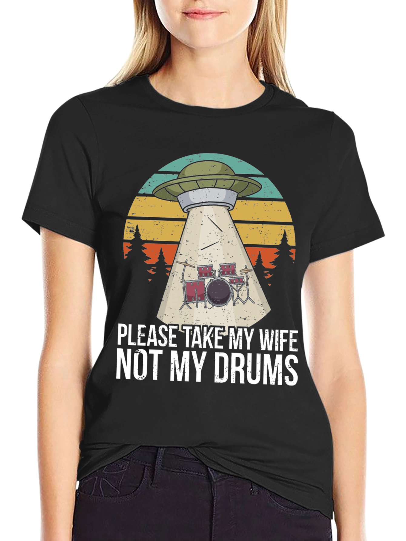 Black Funny UFO Abduction Drums T-Shirt view 2