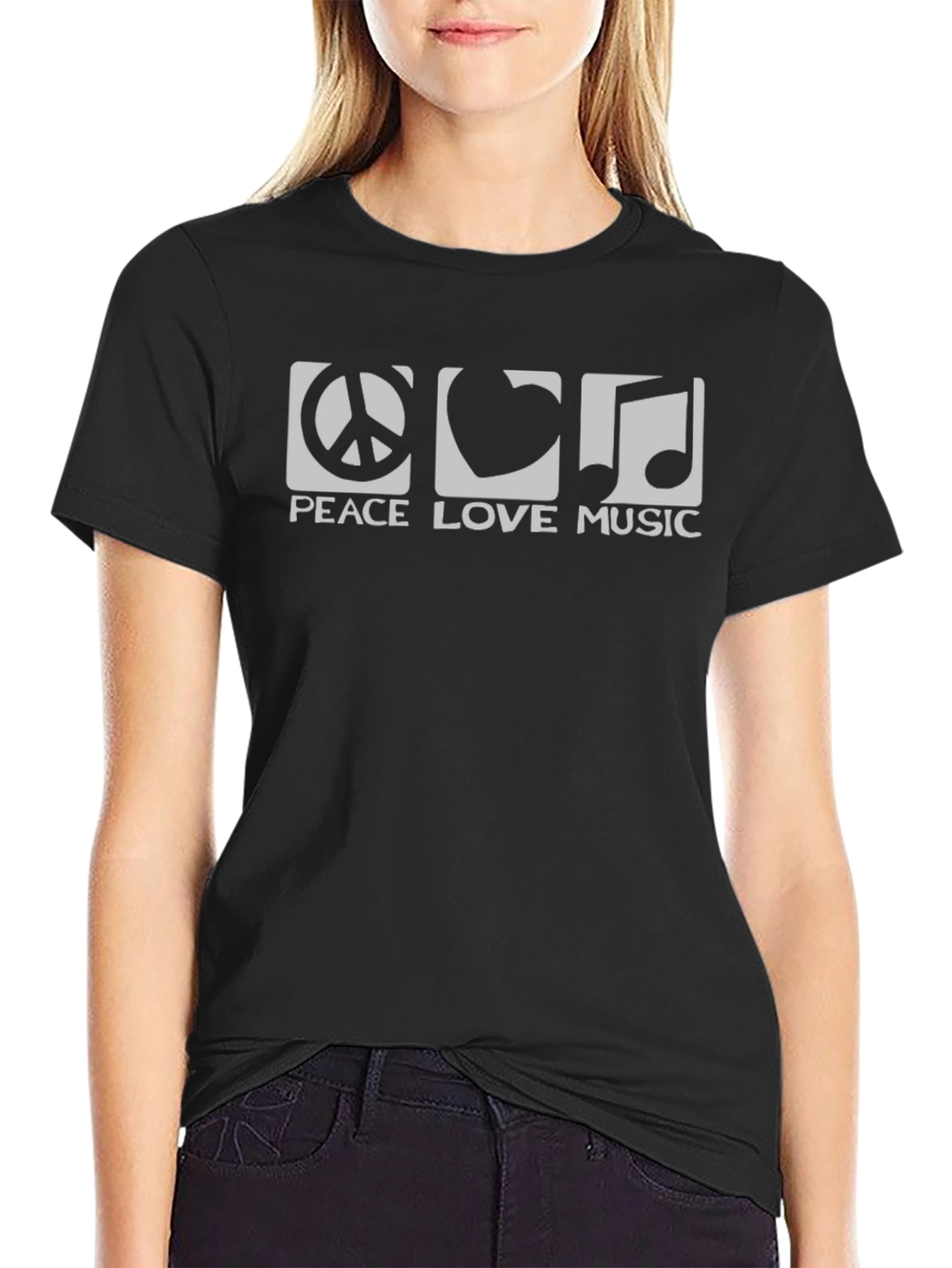 Black Peace Love Music Graphic Tee - Black Cotton Blend view 2