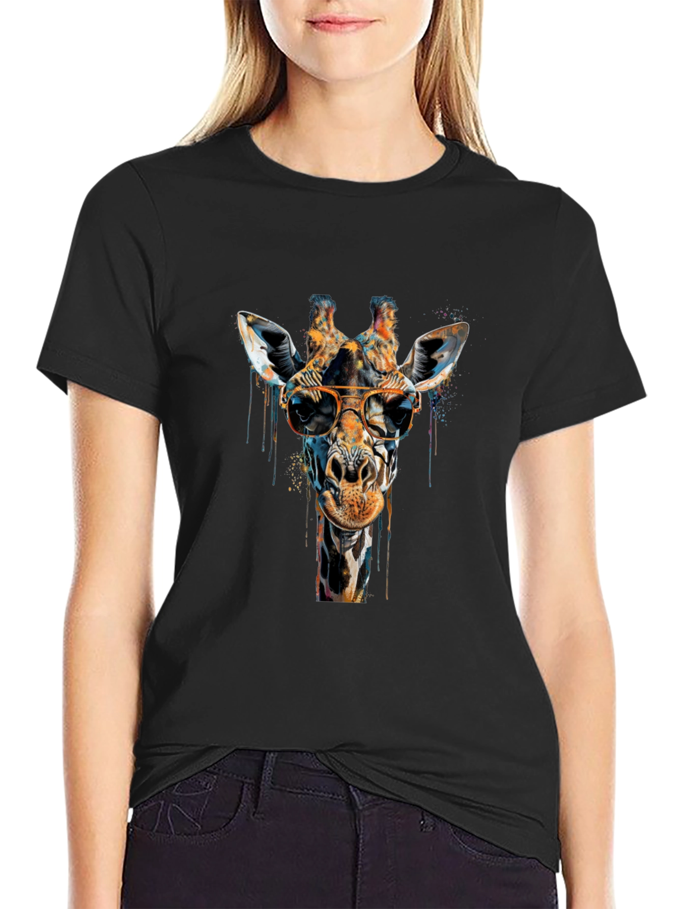 Black Cool Giraffe Graphic Tee - Unisex Black T-Shirt view 2