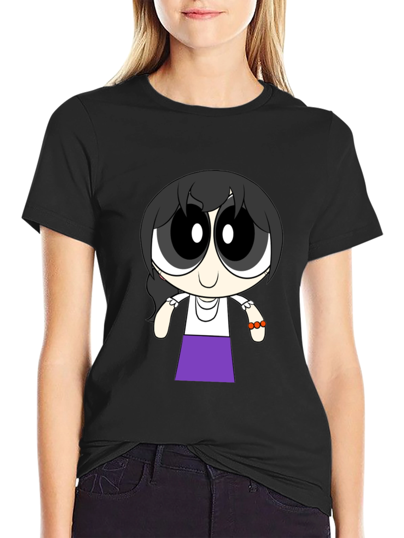 Black Cartoon Girl T-Shirt - Black Cotton Tee view 2