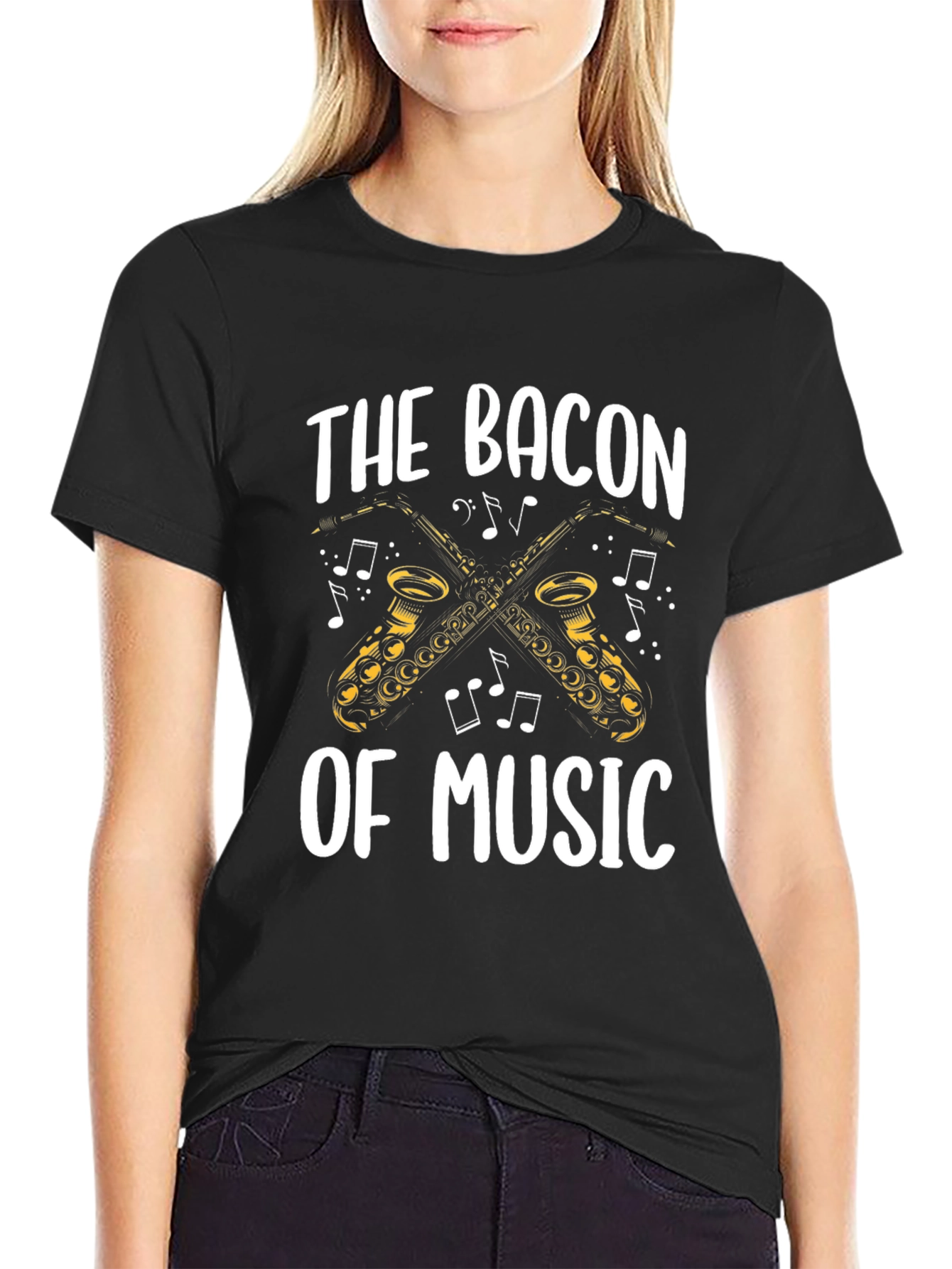 Black Bacon of Music Saxophone T-Shirt - Black Cotton Tee view 2