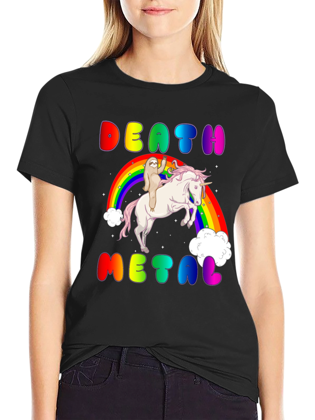 Black Death Metal Sloth Riding Unicorn T-Shirt view 2