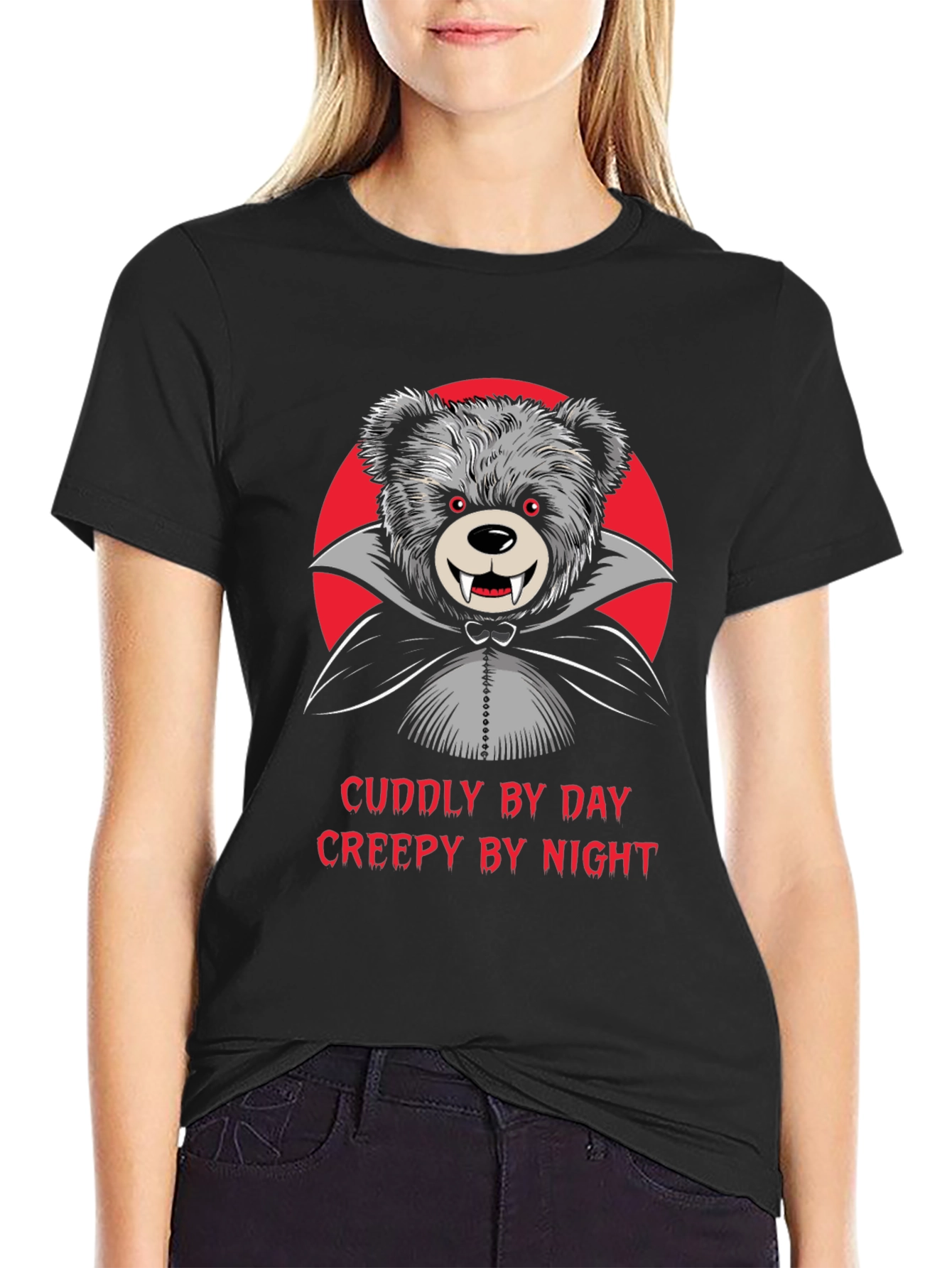 Black Cuddly by Day, Creepy by Night Vampire Teddy Bear T-Shirt view 2