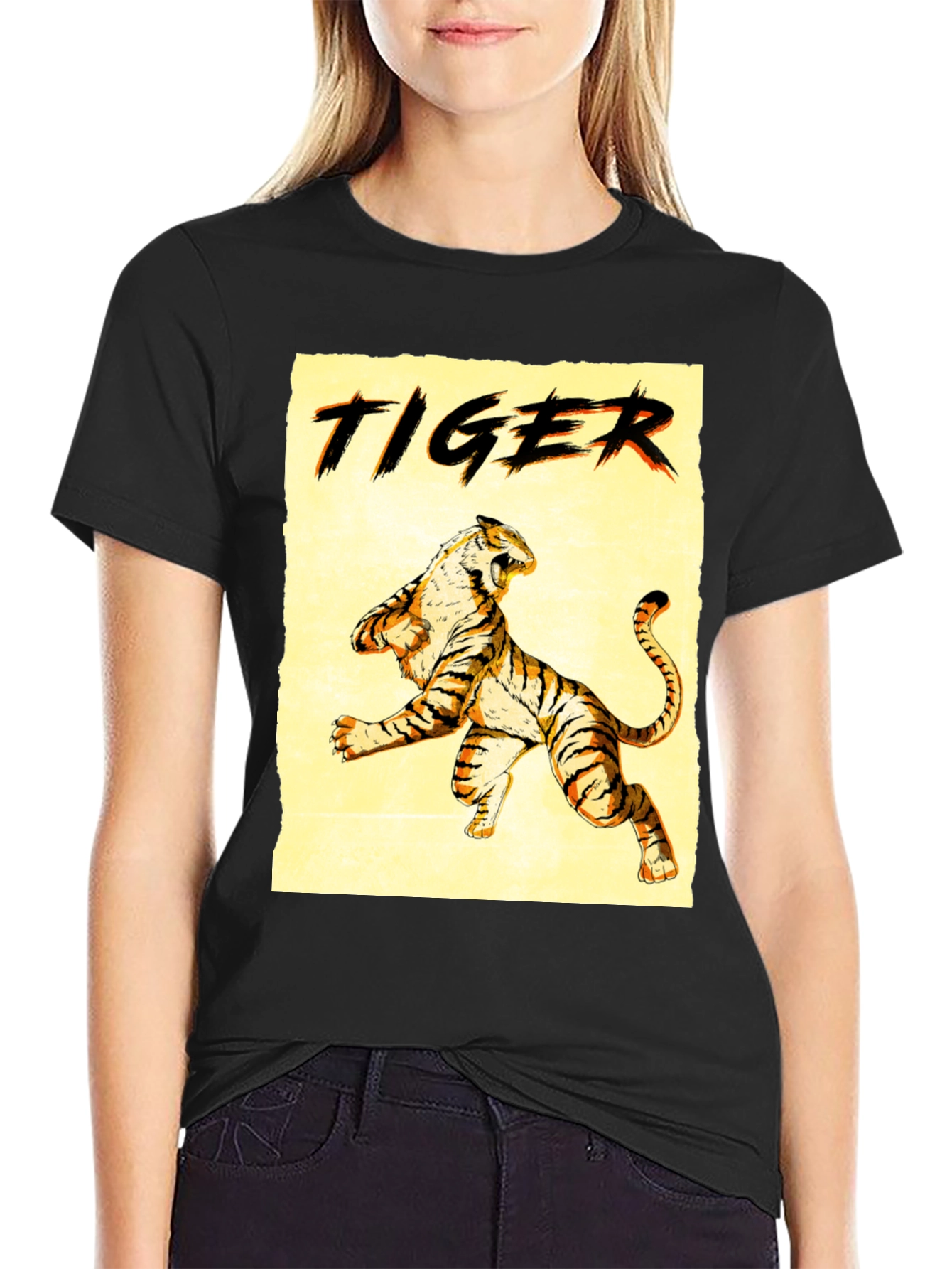 Black Tiger Graphic Print Crew Neck T-Shirt view 2