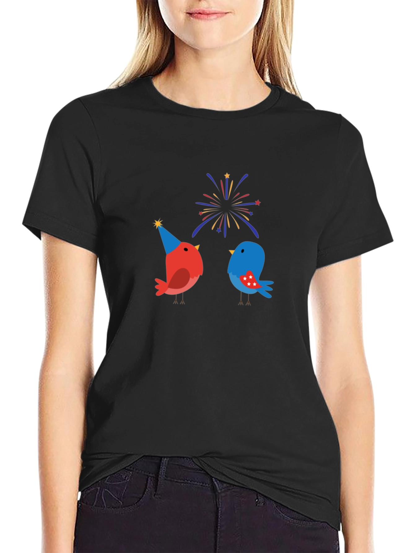 Black Festive Birds Graphic T-Shirt view 2