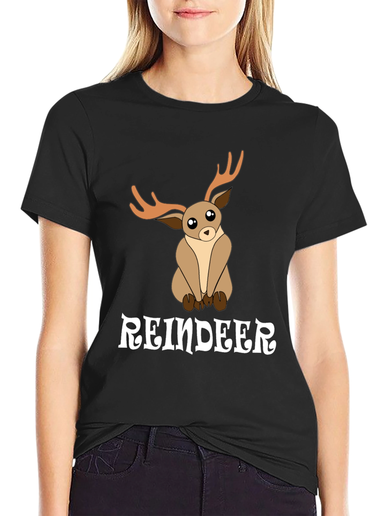Black Cute Reindeer Graphic Tee - Black Cotton T-Shirt view 2