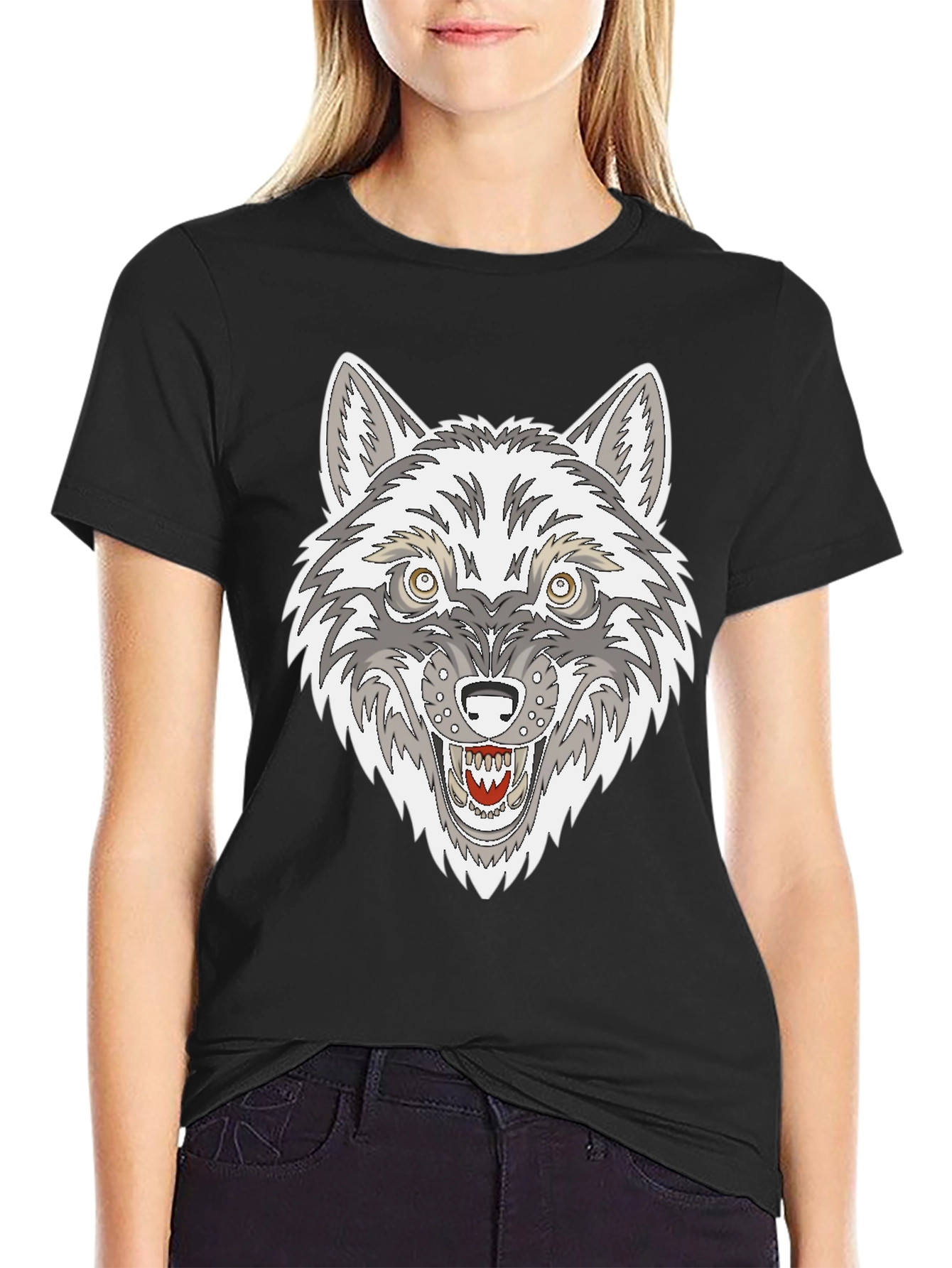 Black Wolf Graphic Print Black T-Shirt view 2