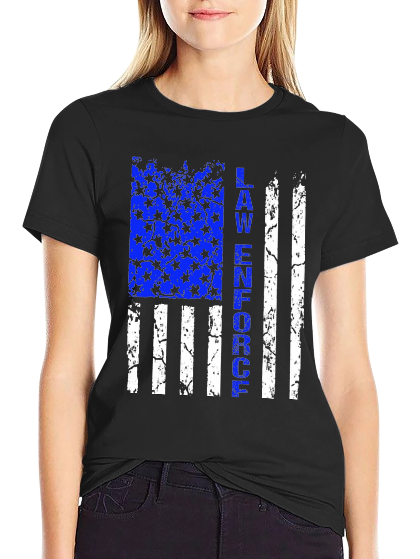 Black Law Enforcement Flag Graphic T-Shirt - Thin Blue Line Support view 2
