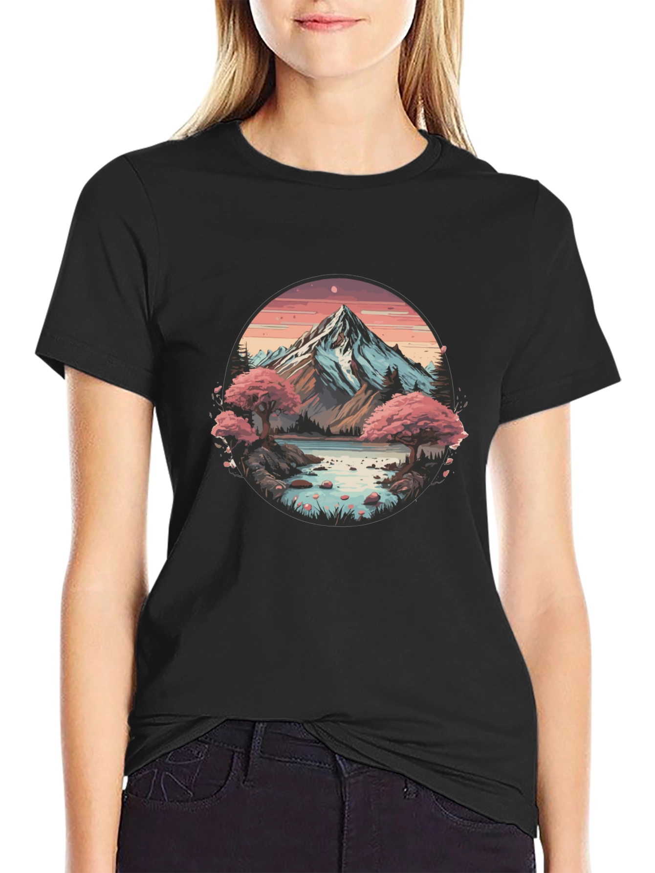 Black Mountain Lake Scene Graphic Tee - Black Casual Shirt view 2