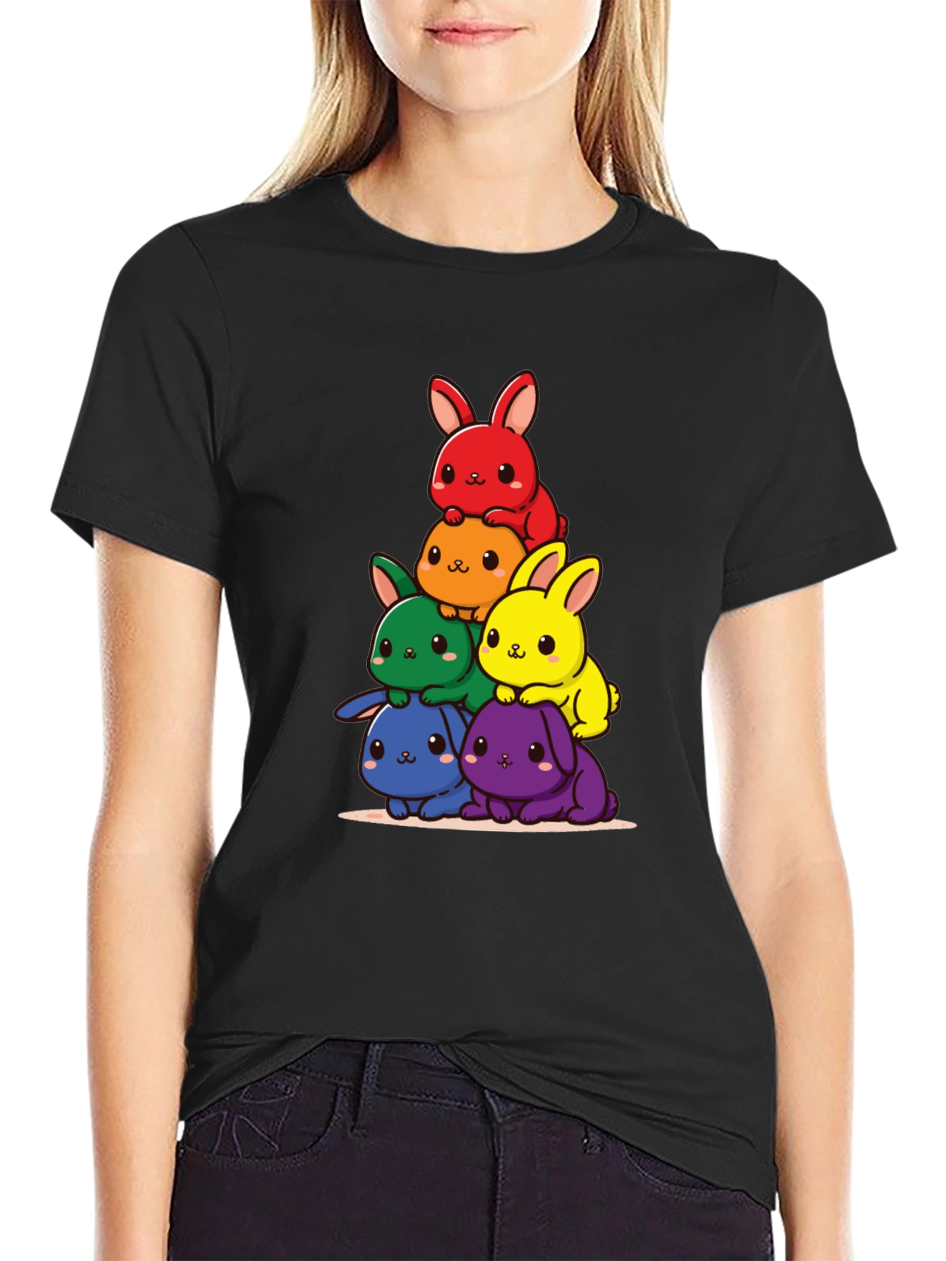 Black Rainbow Bunny Stack T-Shirt view 2
