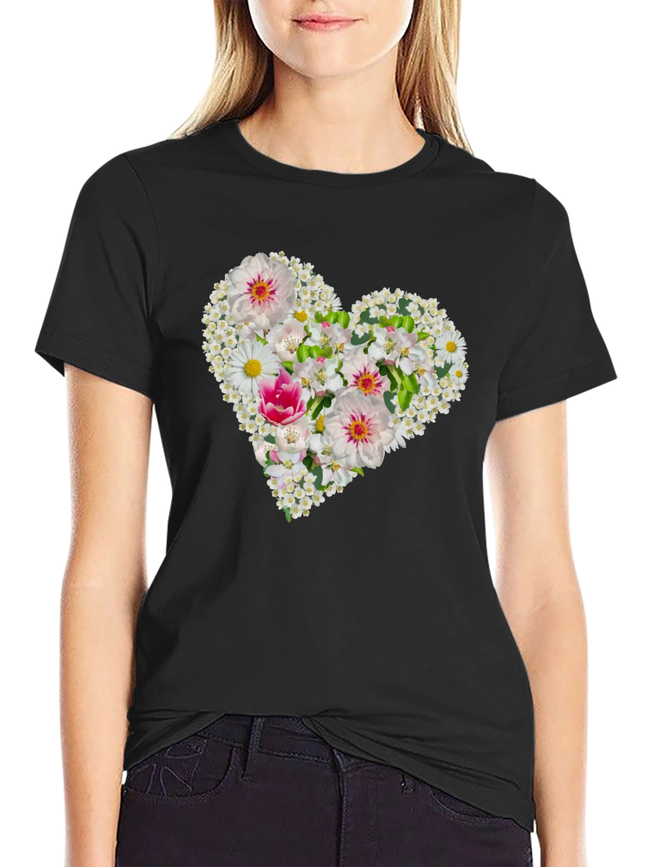 Black Floral Heart Tee - Black Cotton Graphic T-Shirt view 2