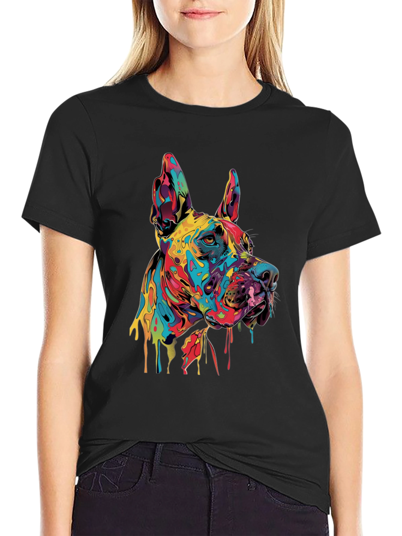 Black Colorful Dog Graphic Tee - Modern Art T-Shirt view 2