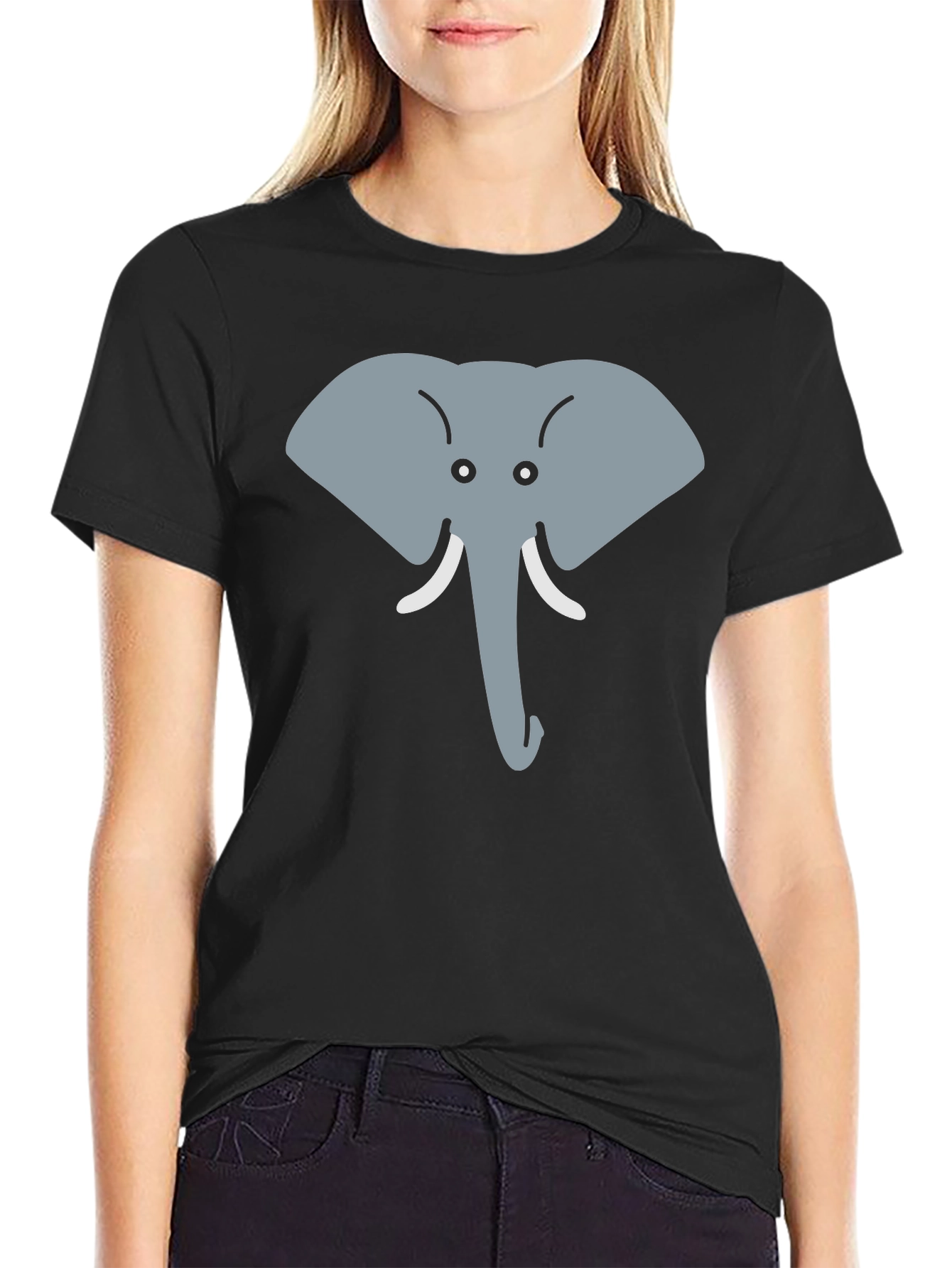 Black Cartoon Elephant Graphic Tee - Black Cotton Casual Top view 2