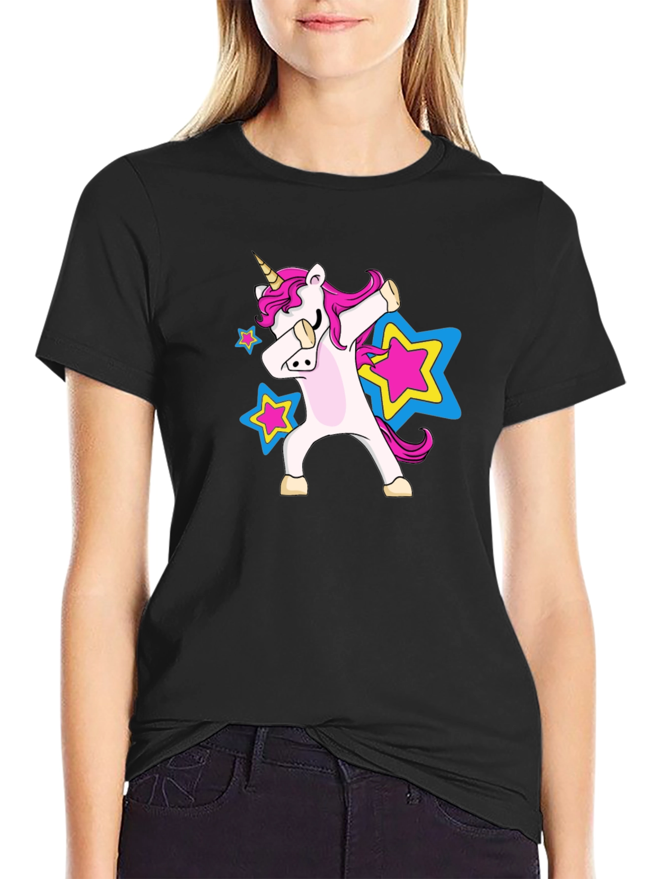 Black Dabbing Unicorn Star Black T-Shirt view 2