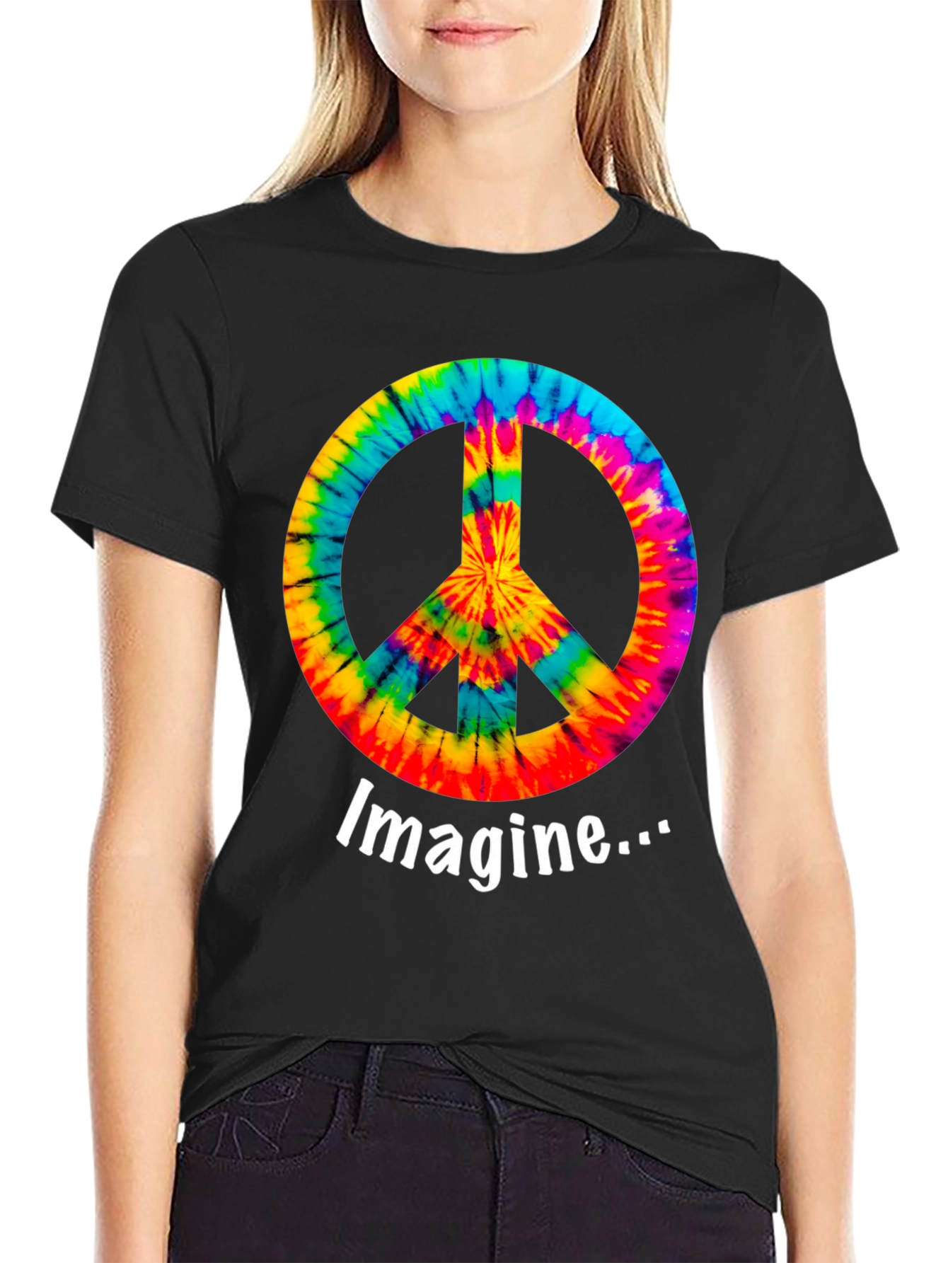Black Imagine Peace Sign Tie-Dye Graphic T-Shirt view 2