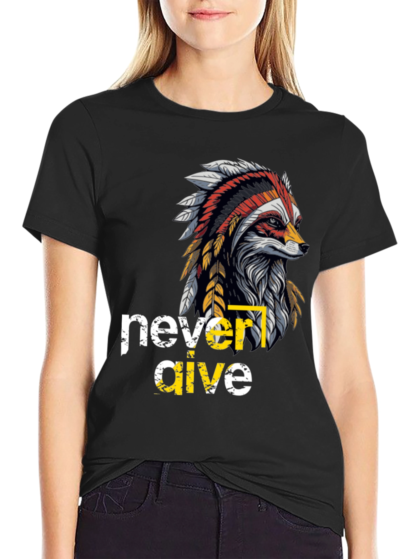 Black Native American Fox Graphic T-Shirt view 2