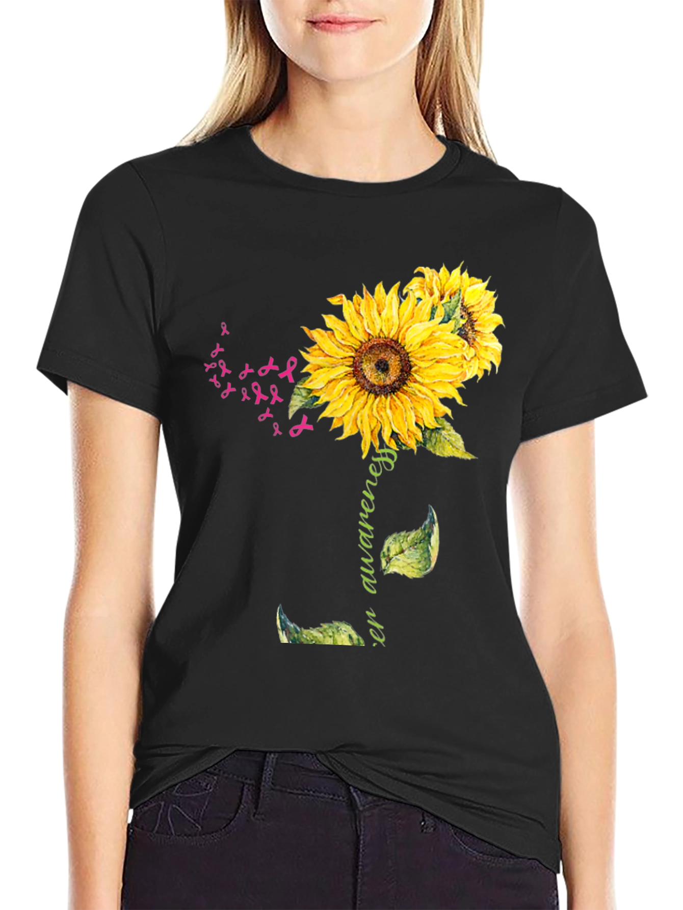 Black Sunflower Breast Cancer Awareness T-Shirt view 2
