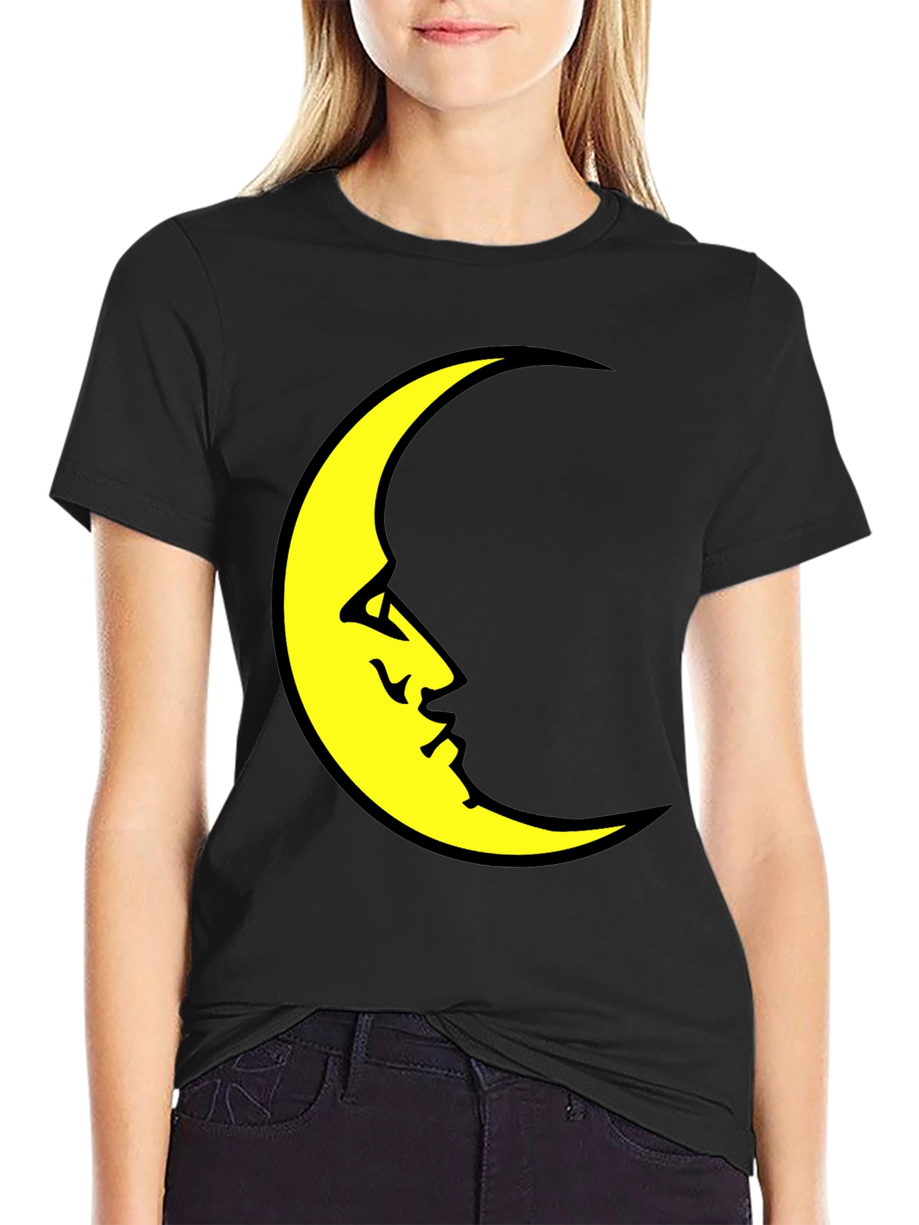 Black Crescent Moon Face Black T-Shirt view 2