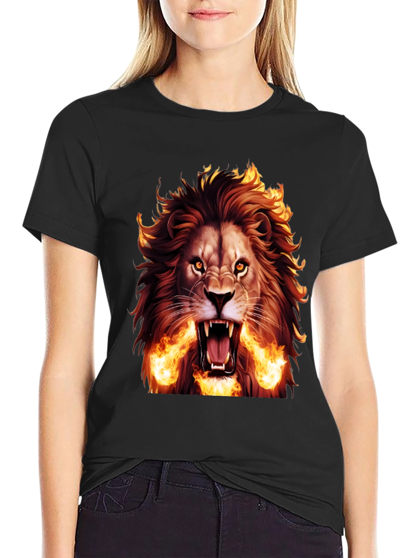 Black Fiery Lion Graphic Tee - Bold Black T-Shirt view 2
