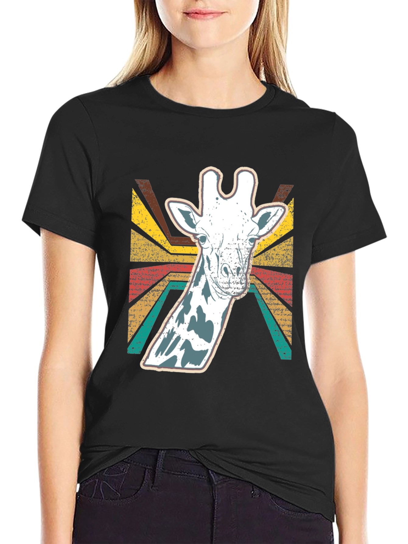 Black Retro Giraffe Graphic T-Shirt - Vintage Style Black Tee view 2