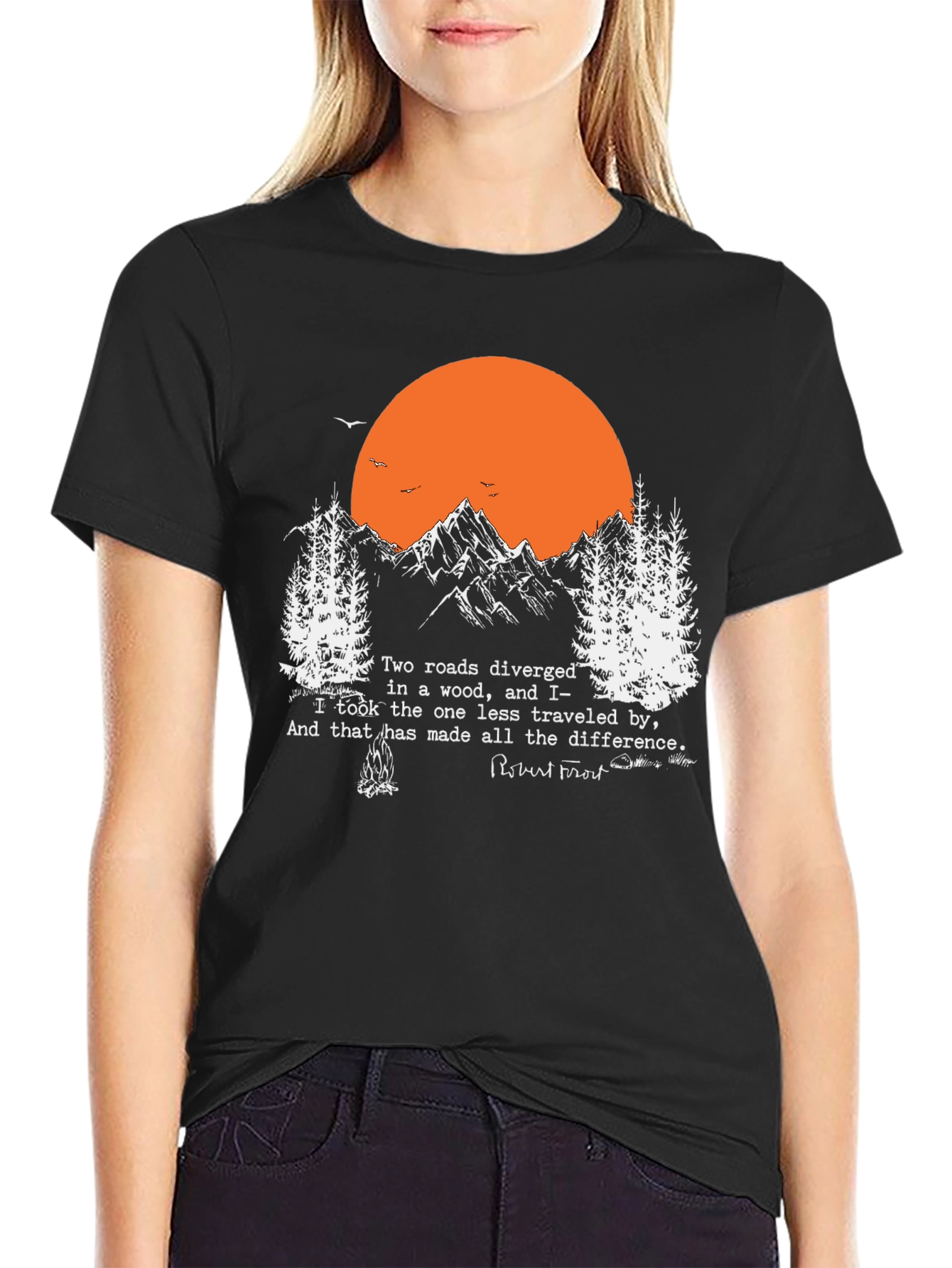 Black Robert Frost Mountain Tee - Two Roads Poem T-Shirt view 2