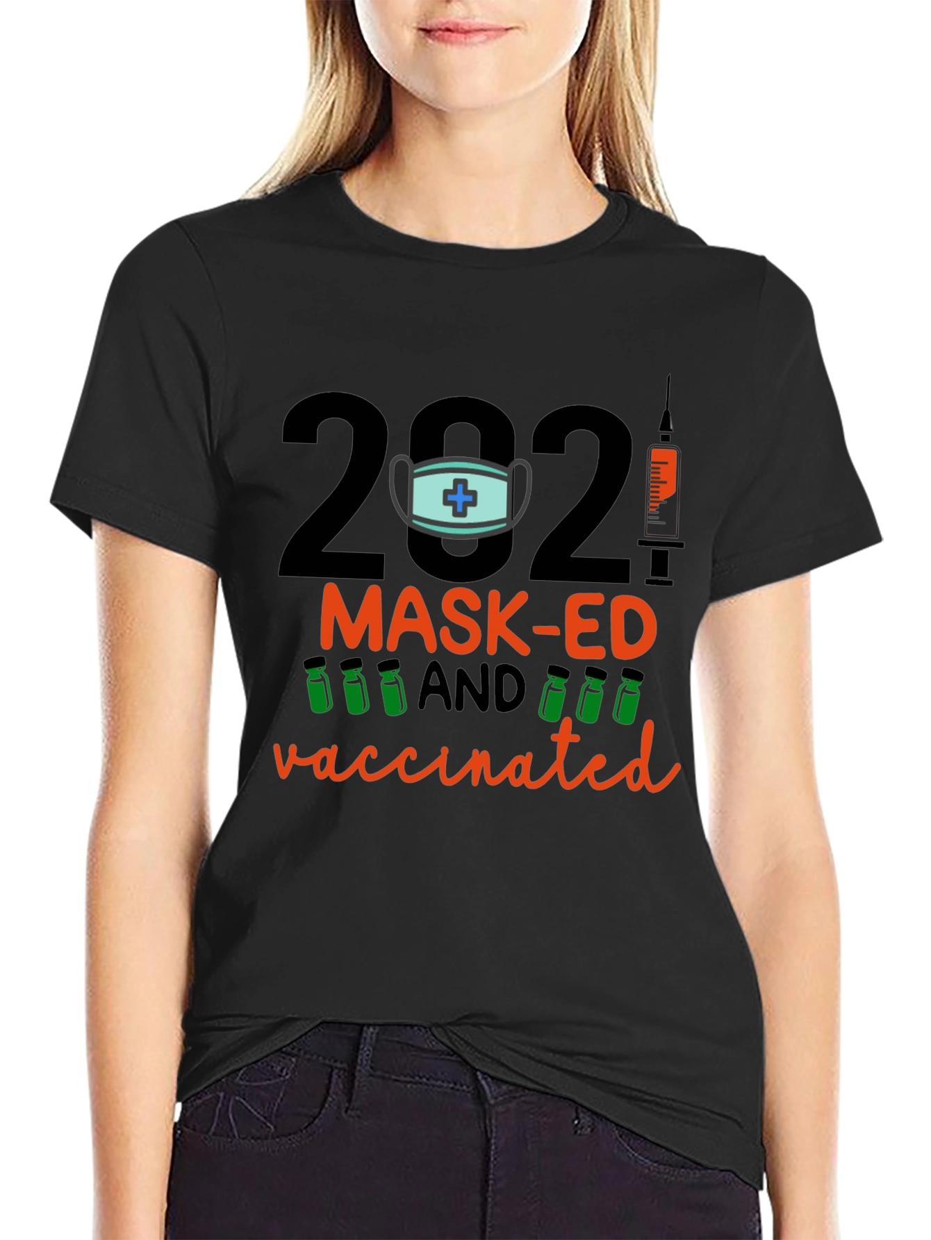 Black 2021 Mask-Ed and Vaccinated Graphic T-Shirt view 2